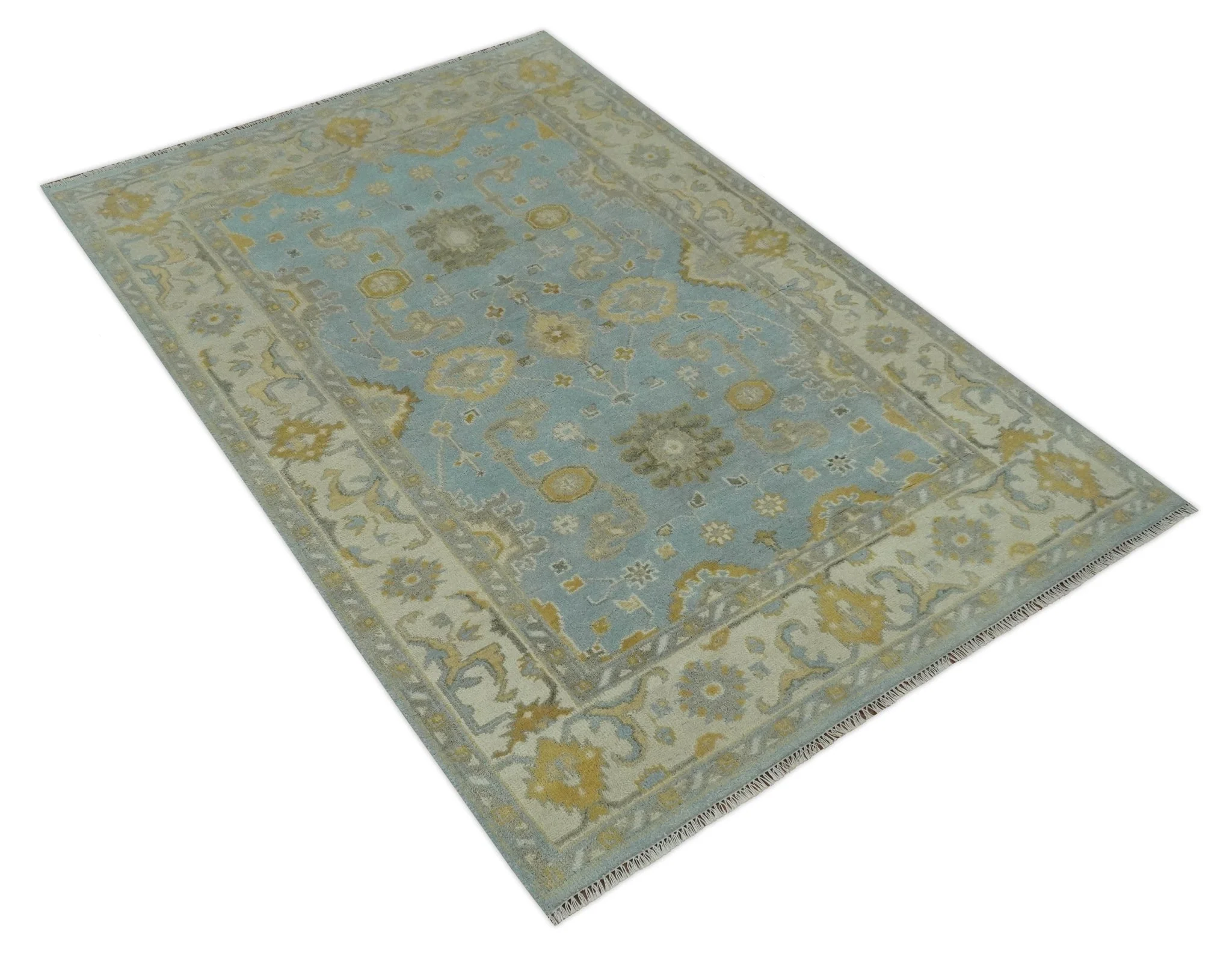 Hand Knotted Gray, Ivory and Mustard 6x8.8 Traditional Oriental Oushak wool rug - Image 9