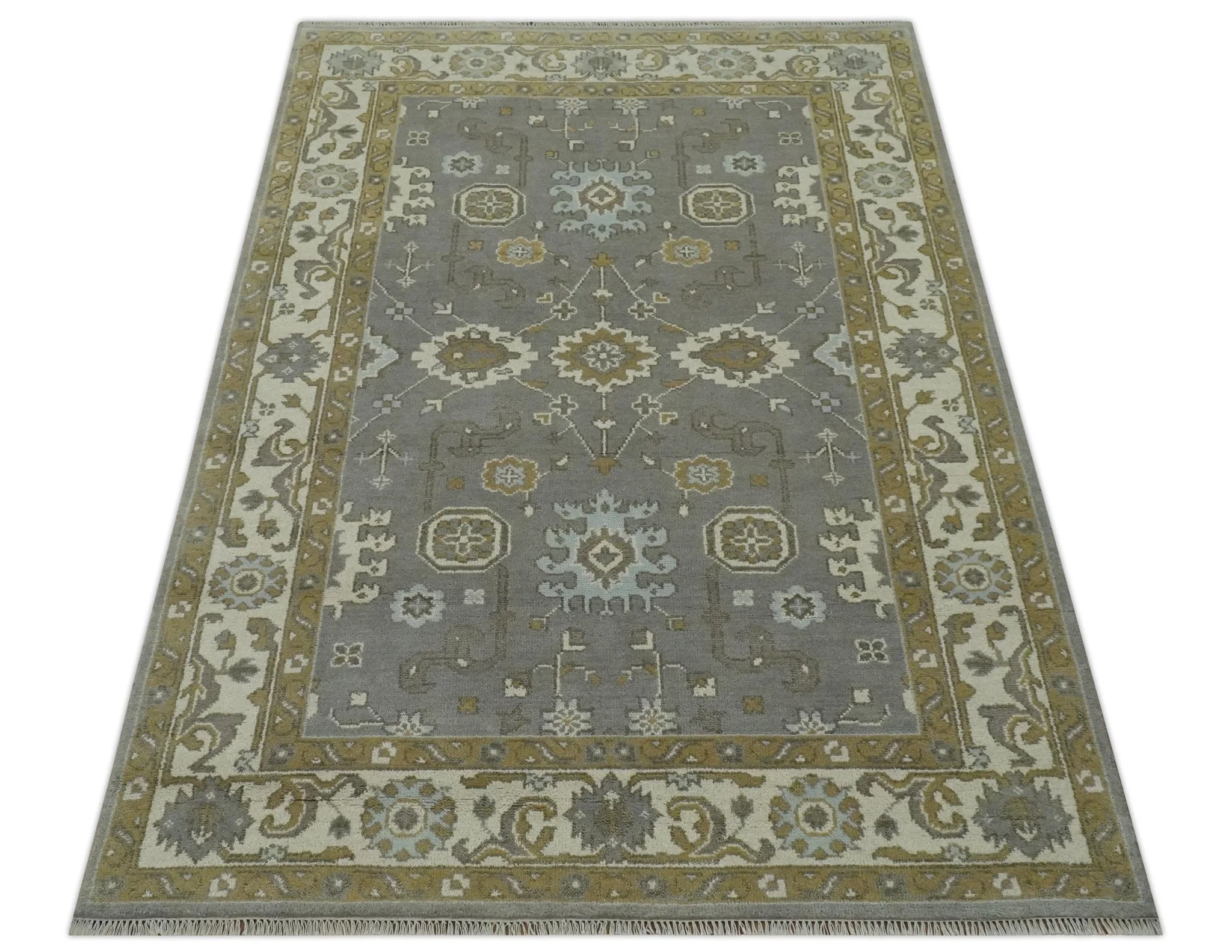 Gray, Ivory and Olive 6x9 Hand Knotted Traditional Oushak wool area rug - Image 10
