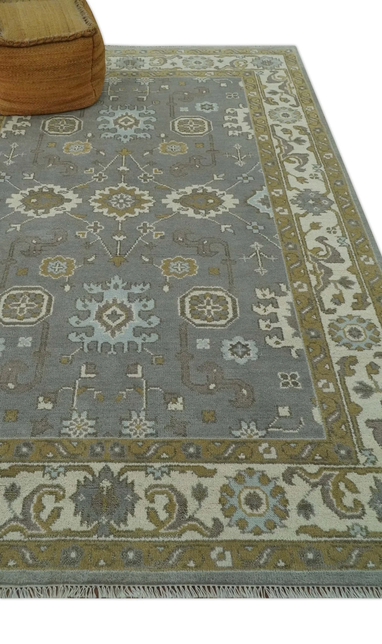 Gray, Ivory and Olive 6x9 Hand Knotted Traditional Oushak wool area rug - Image 3