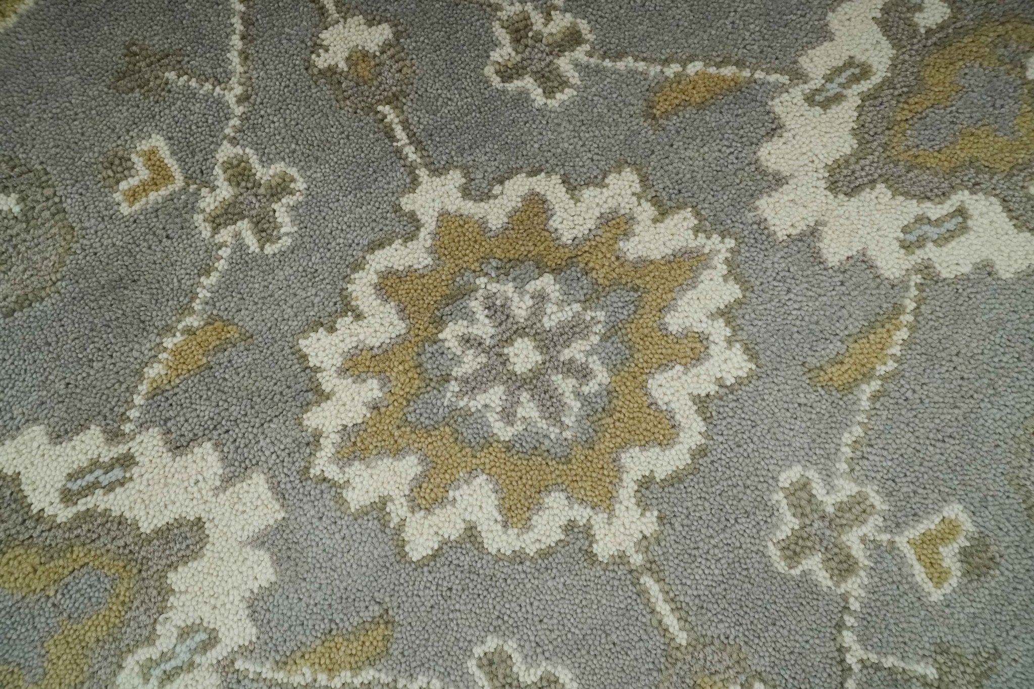 Gray, Ivory and Olive 6x9 Hand Knotted Traditional Oushak wool area rug - Image 4