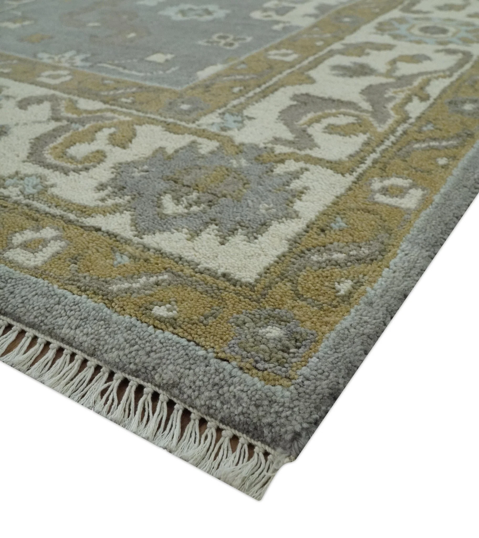 Gray, Ivory and Olive 6x9 Hand Knotted Traditional Oushak wool area rug - Image 5