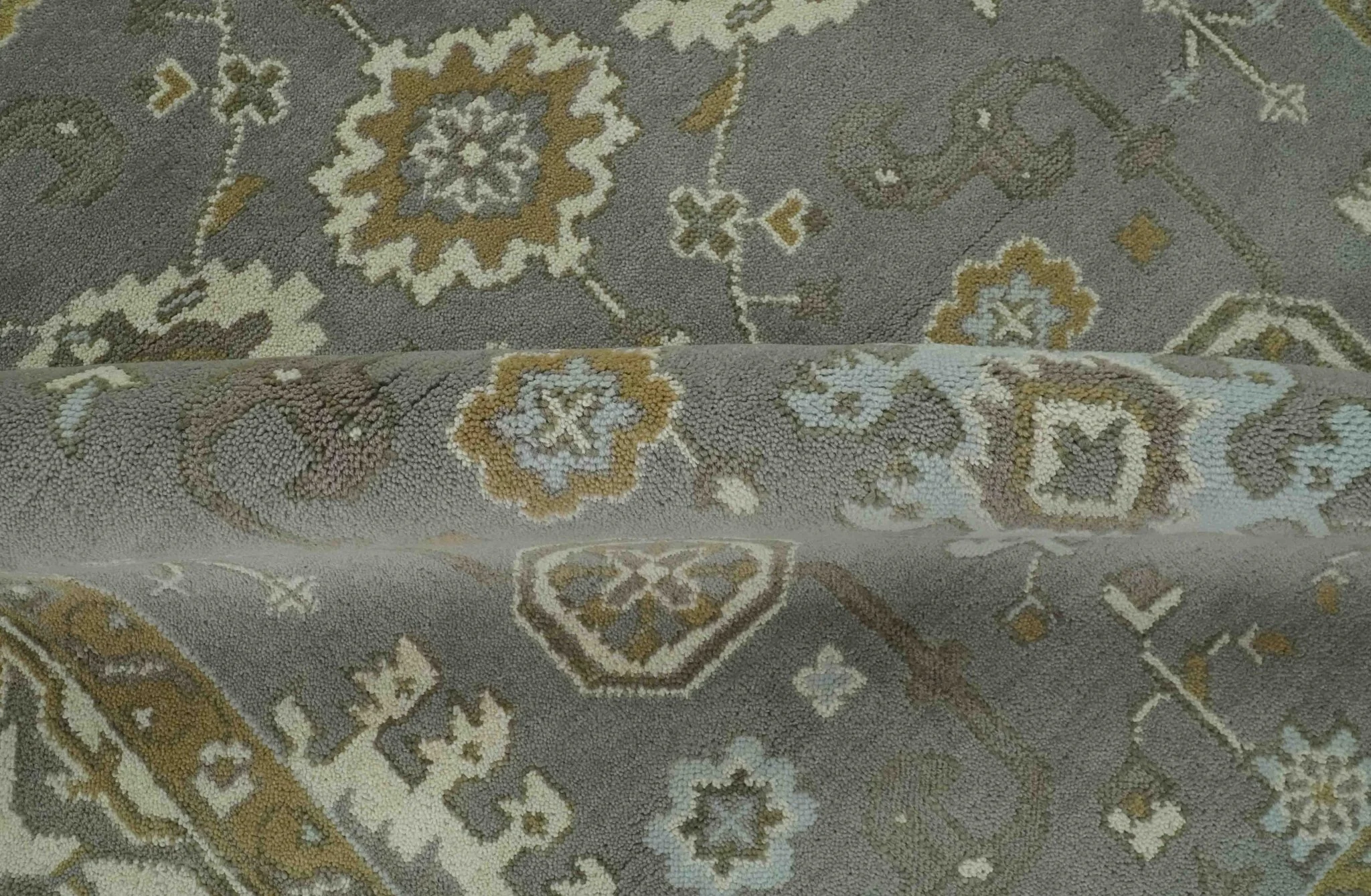 Gray, Ivory and Olive 6x9 Hand Knotted Traditional Oushak wool area rug - Image 6