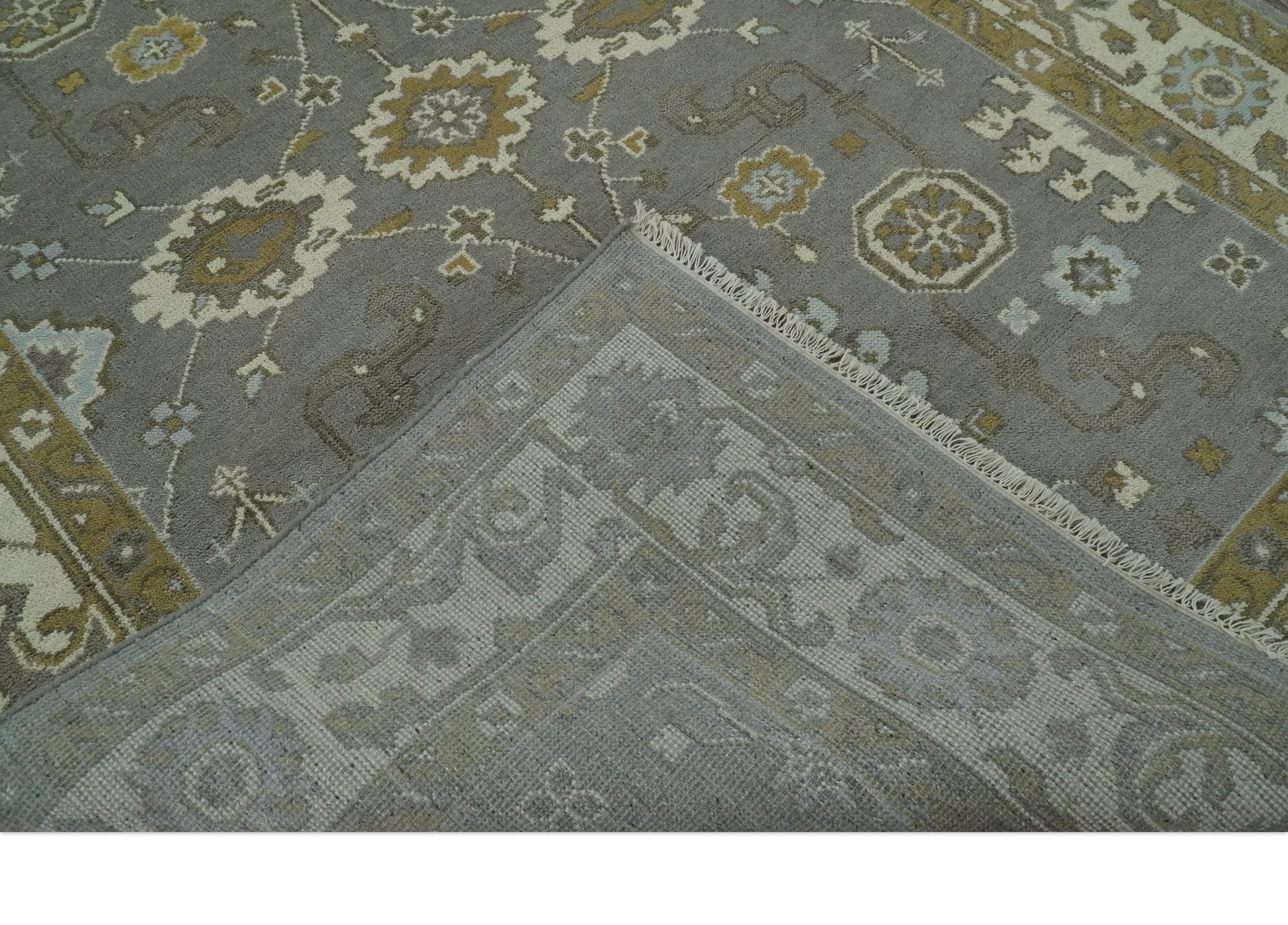 Gray, Ivory and Olive 6x9 Hand Knotted Traditional Oushak wool area rug - Image 7