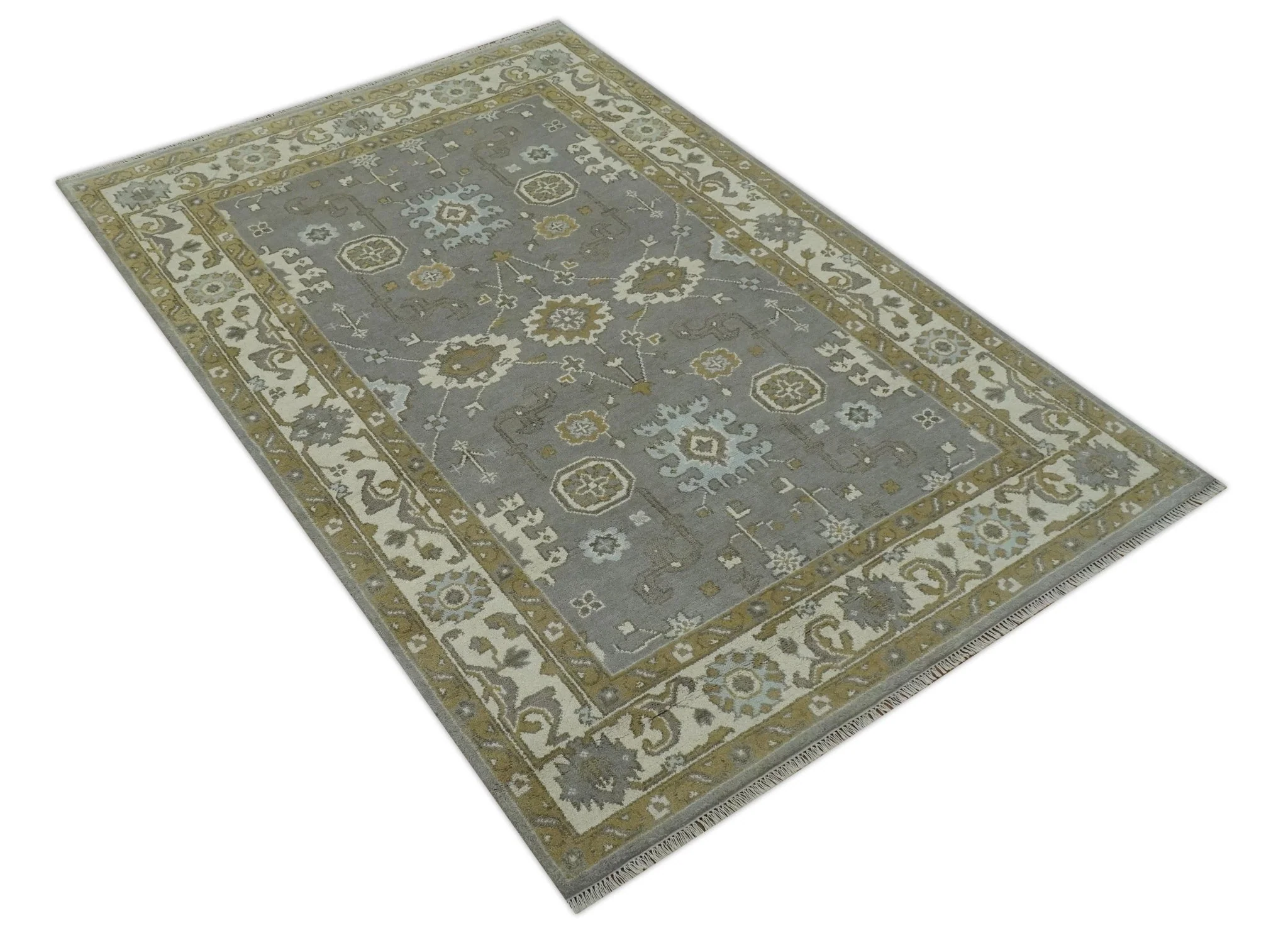 Gray, Ivory and Olive 6x9 Hand Knotted Traditional Oushak wool area rug - Image 9