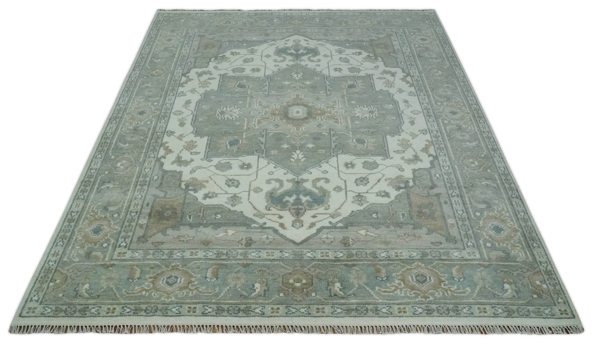 Custom Made Gray, Ivory and Silver Hand knotted Traditional Medallion wool Area Rug - Image 11