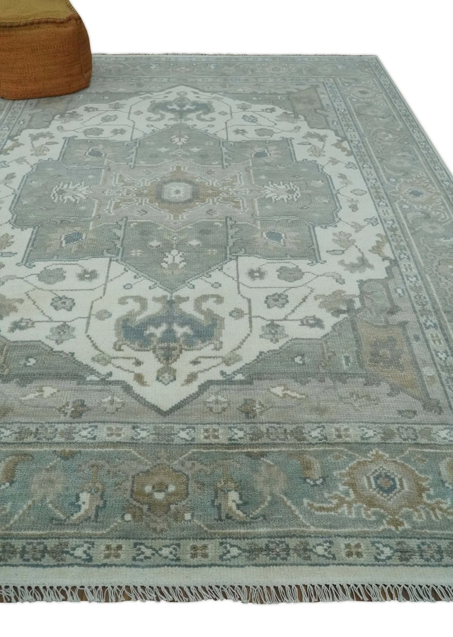 Custom Made Gray, Ivory and Silver Hand knotted Traditional Medallion wool Area Rug - Image 3