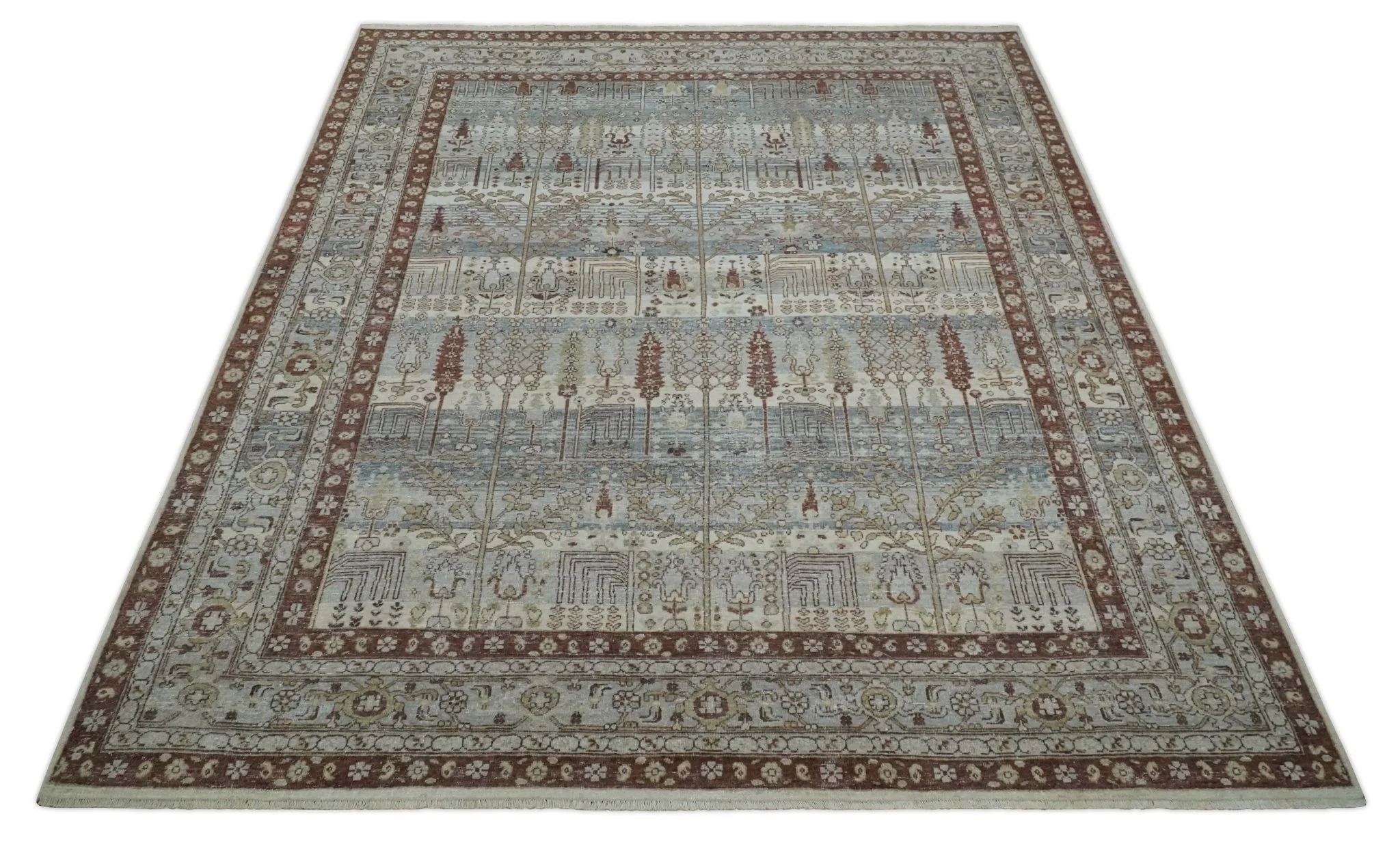 Distress Finish Tree of life Gray, Ivory, Brown and Olive Traditional Floral Hand knotted 8x10 wool Area Rug - Image 10