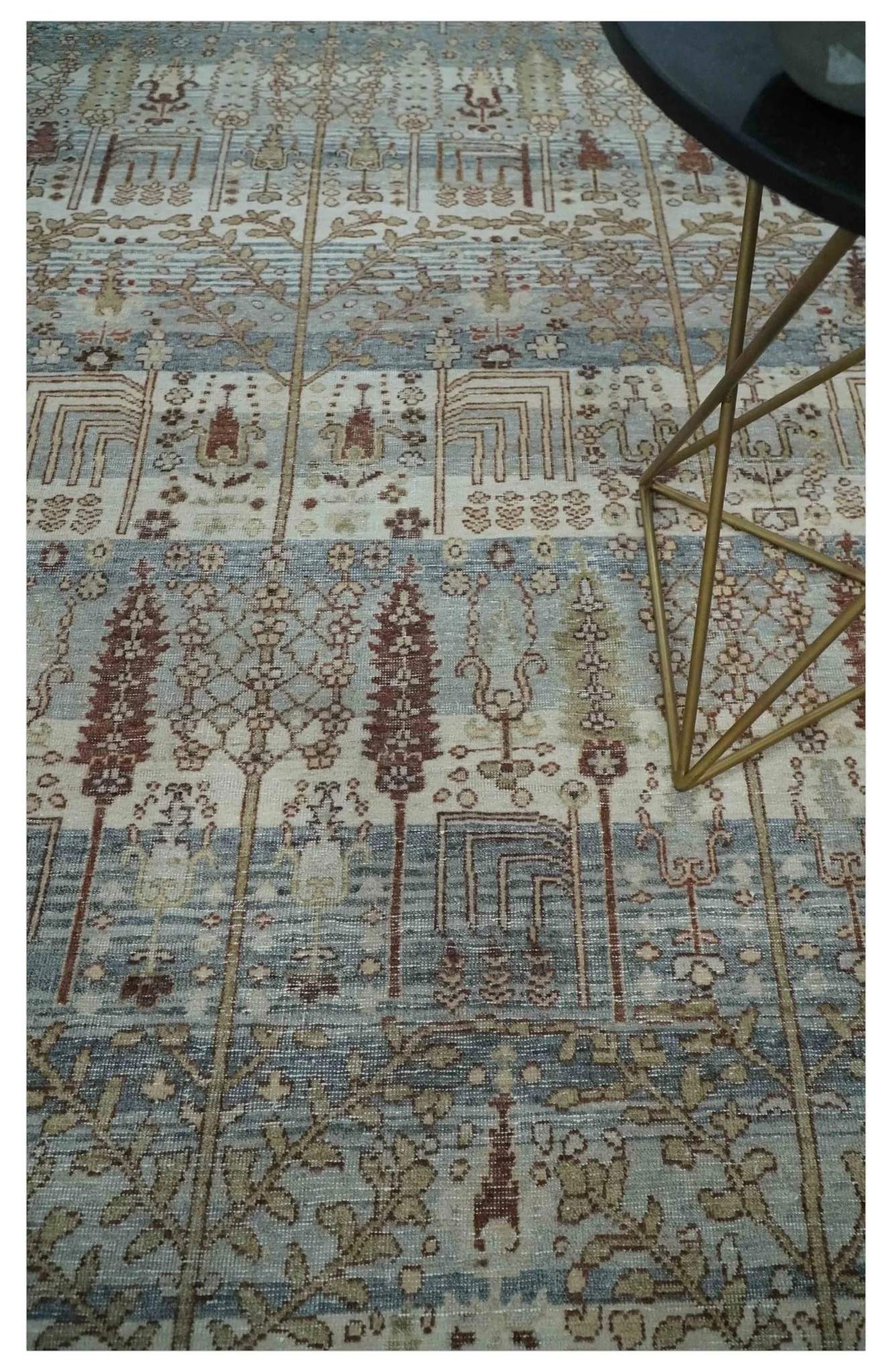 Distress Finish Tree of life Gray, Ivory, Brown and Olive Traditional Floral Hand knotted 8x10 wool Area Rug - Image 2