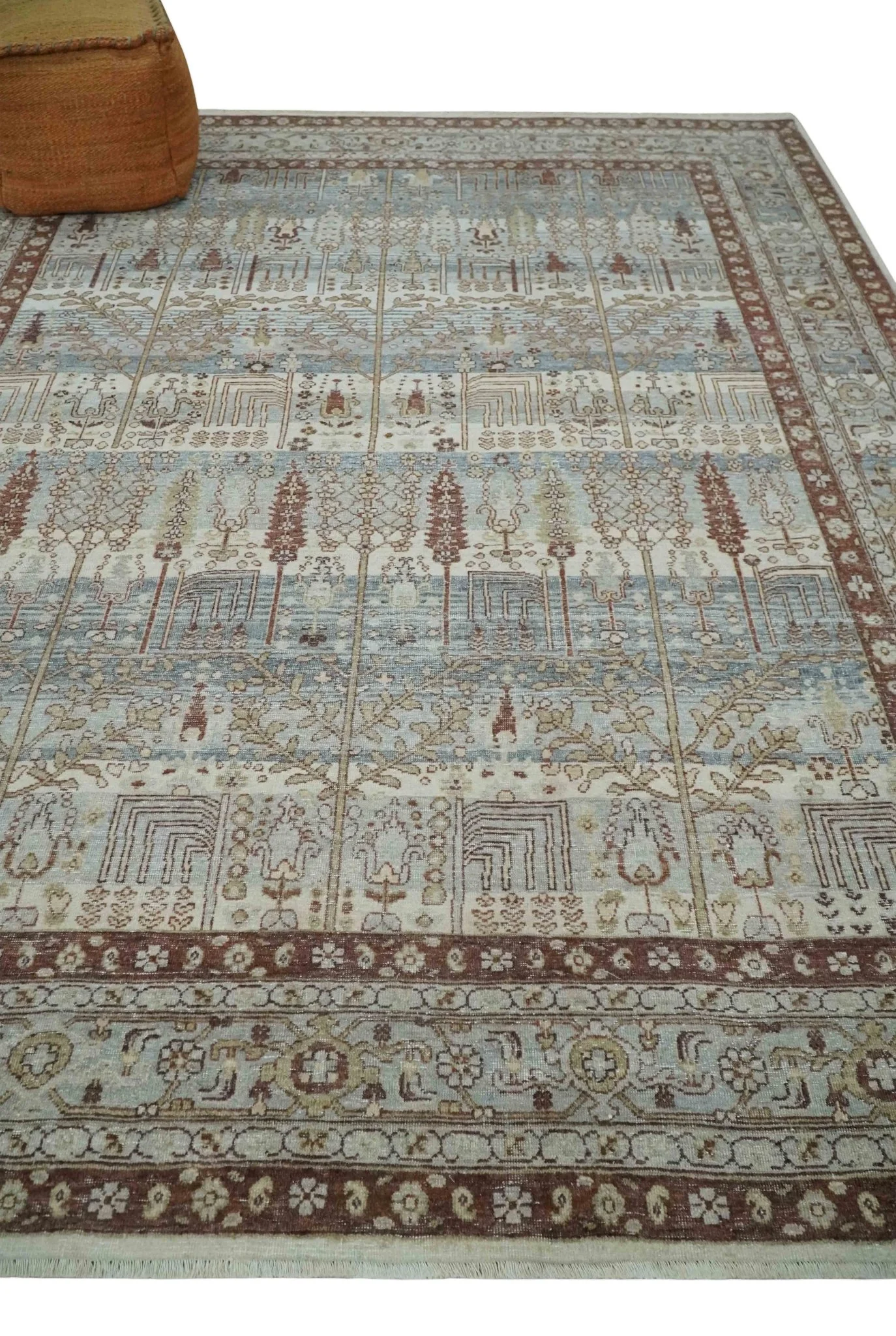 Distress Finish Tree of life Gray, Ivory, Brown and Olive Traditional Floral Hand knotted 8x10 wool Area Rug - Image 3