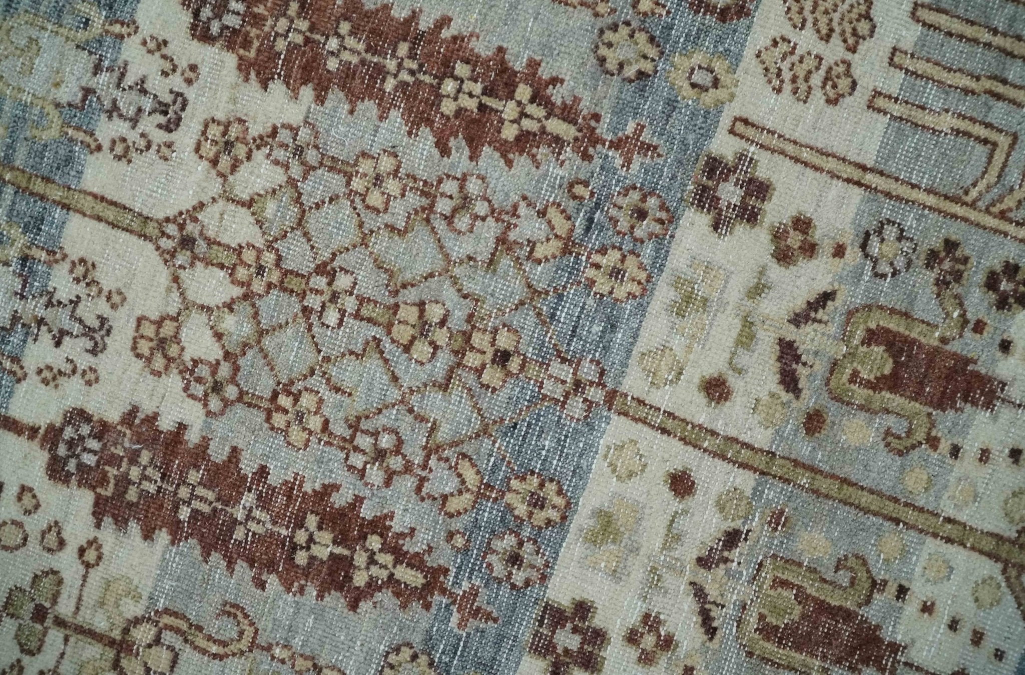 Distress Finish Tree of life Gray, Ivory, Brown and Olive Traditional Floral Hand knotted 8x10 wool Area Rug - Image 4