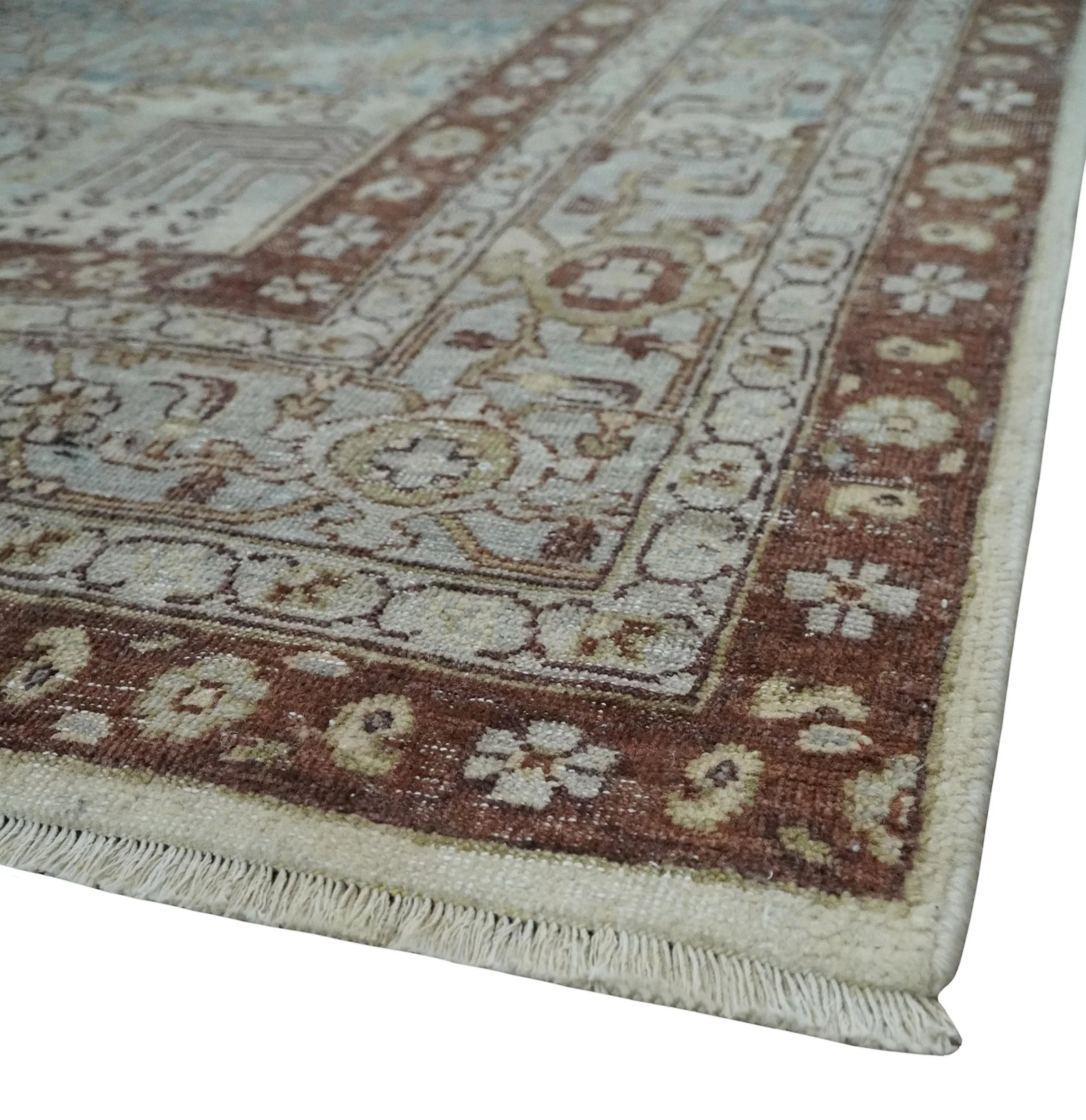 Distress Finish Tree of life Gray, Ivory, Brown and Olive Traditional Floral Hand knotted 8x10 wool Area Rug - Image 5