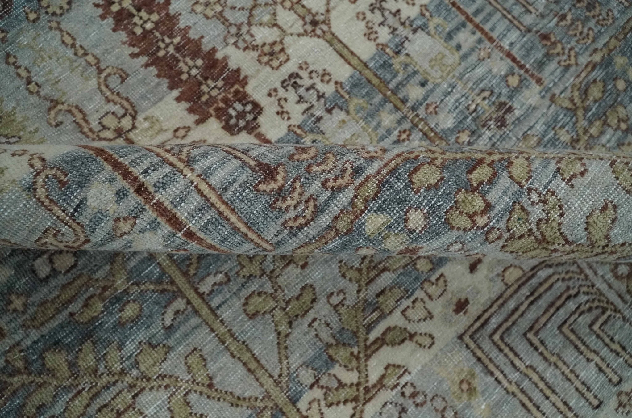 Distress Finish Tree of life Gray, Ivory, Brown and Olive Traditional Floral Hand knotted 8x10 wool Area Rug - Image 6