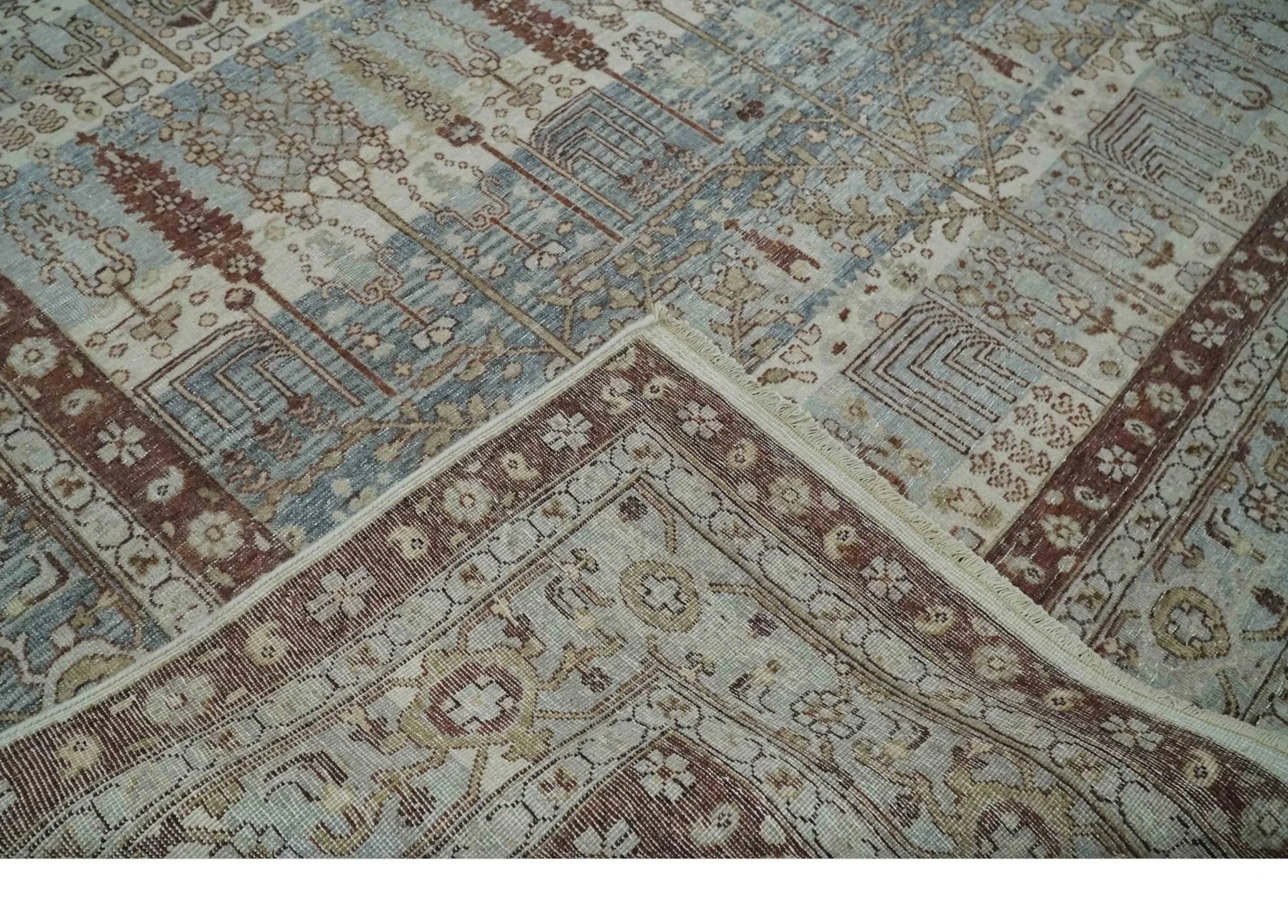 Distress Finish Tree of life Gray, Ivory, Brown and Olive Traditional Floral Hand knotted 8x10 wool Area Rug - Image 7