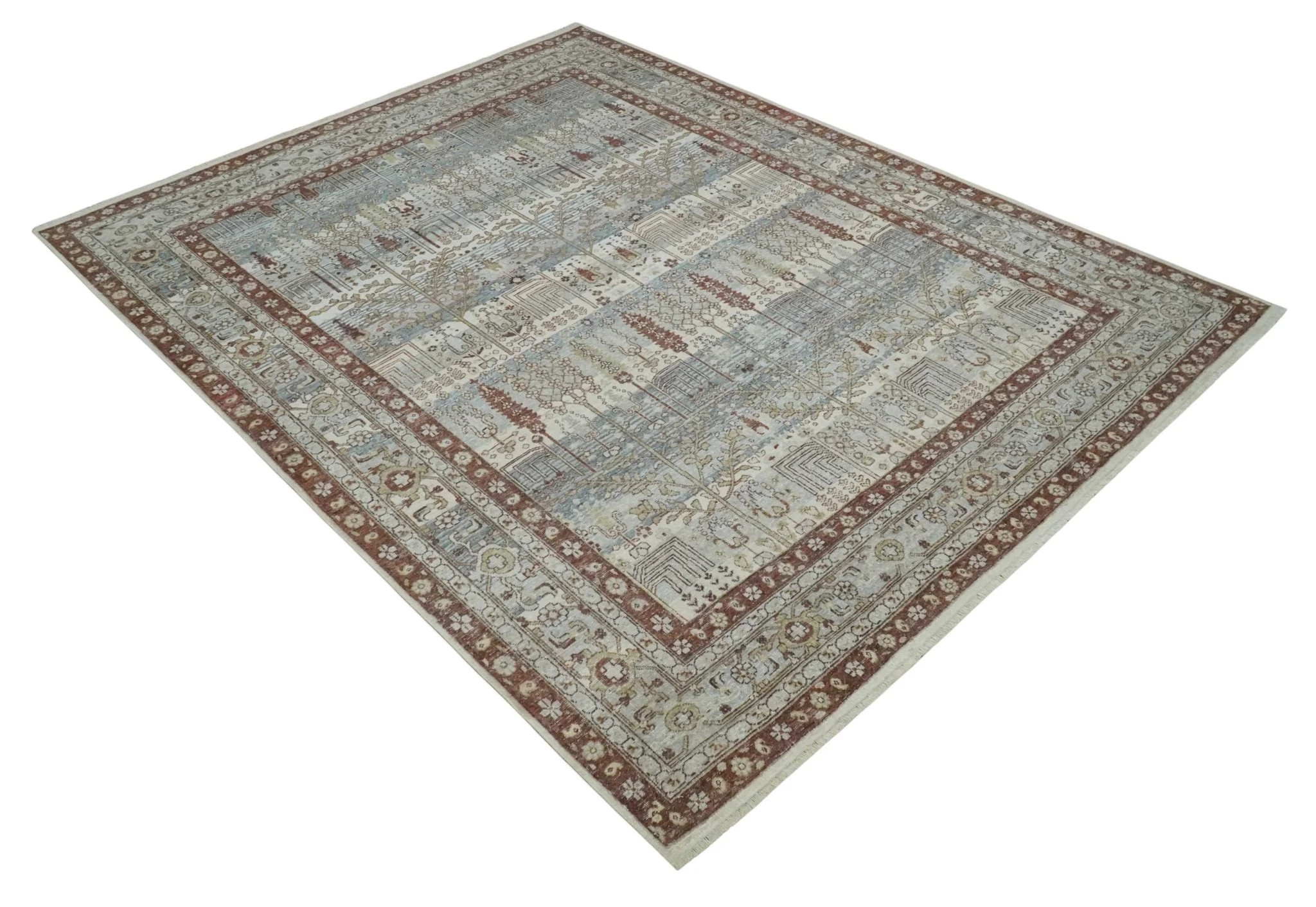 Distress Finish Tree of life Gray, Ivory, Brown and Olive Traditional Floral Hand knotted 8x10 wool Area Rug - Image 9