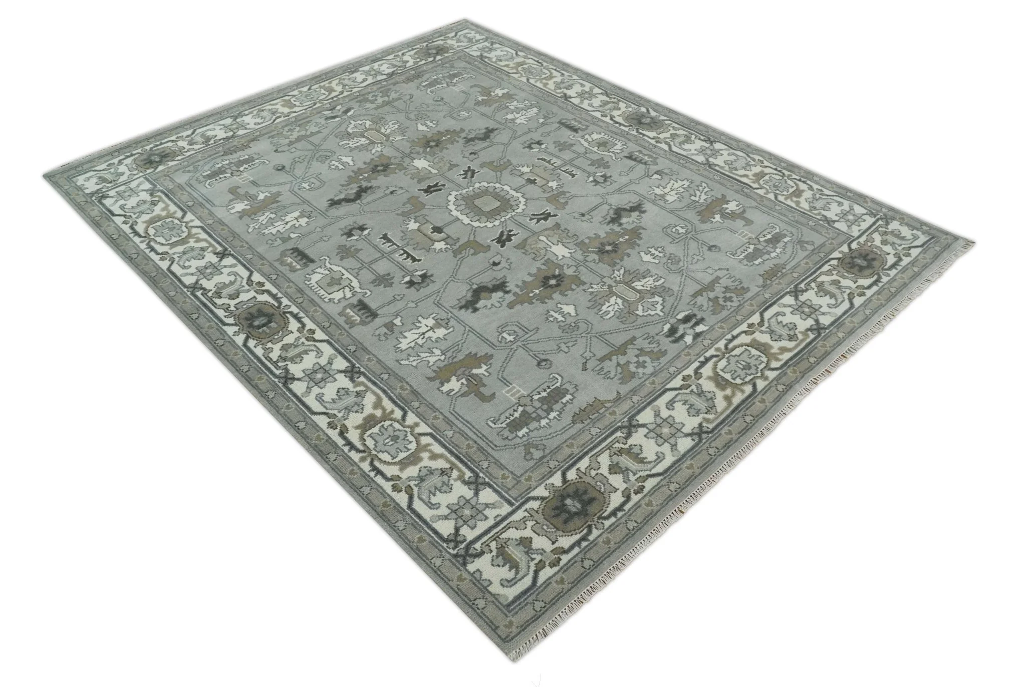 Gray, Ivory, Olive and Charcoal Hand Knotted Medallion 8x10 Traditional Oushak wool Area Rug - Image 10