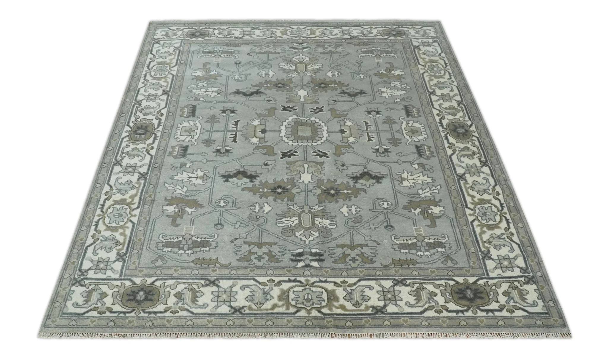 Gray, Ivory, Olive and Charcoal Hand Knotted Medallion 8x10 Traditional Oushak wool Area Rug - Image 11