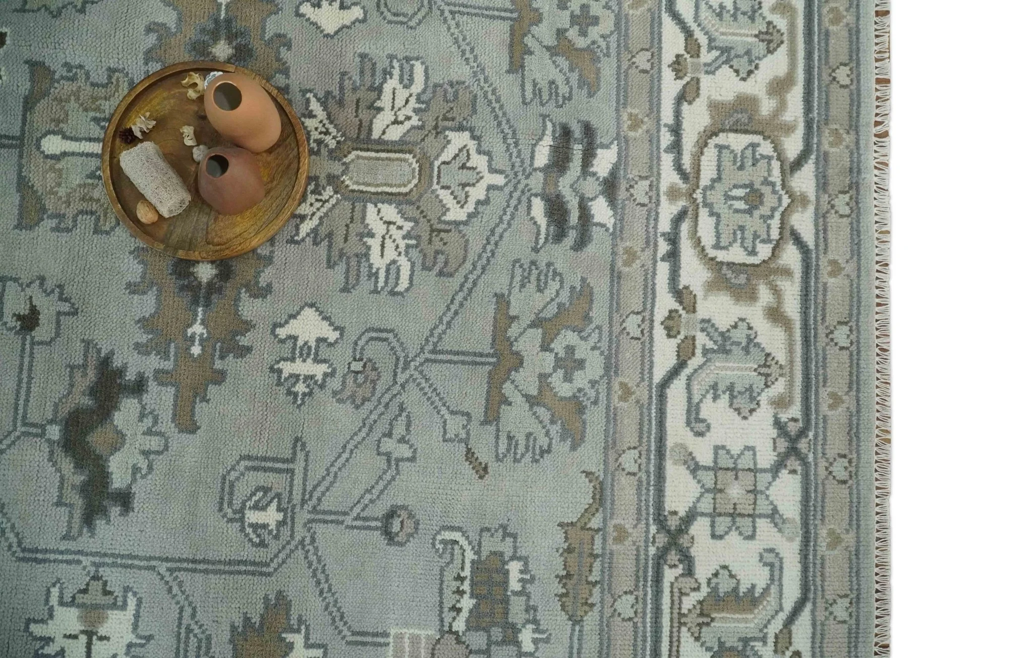 Gray, Ivory, Olive and Charcoal Hand Knotted Medallion 8x10 Traditional Oushak wool Area Rug - Image 12