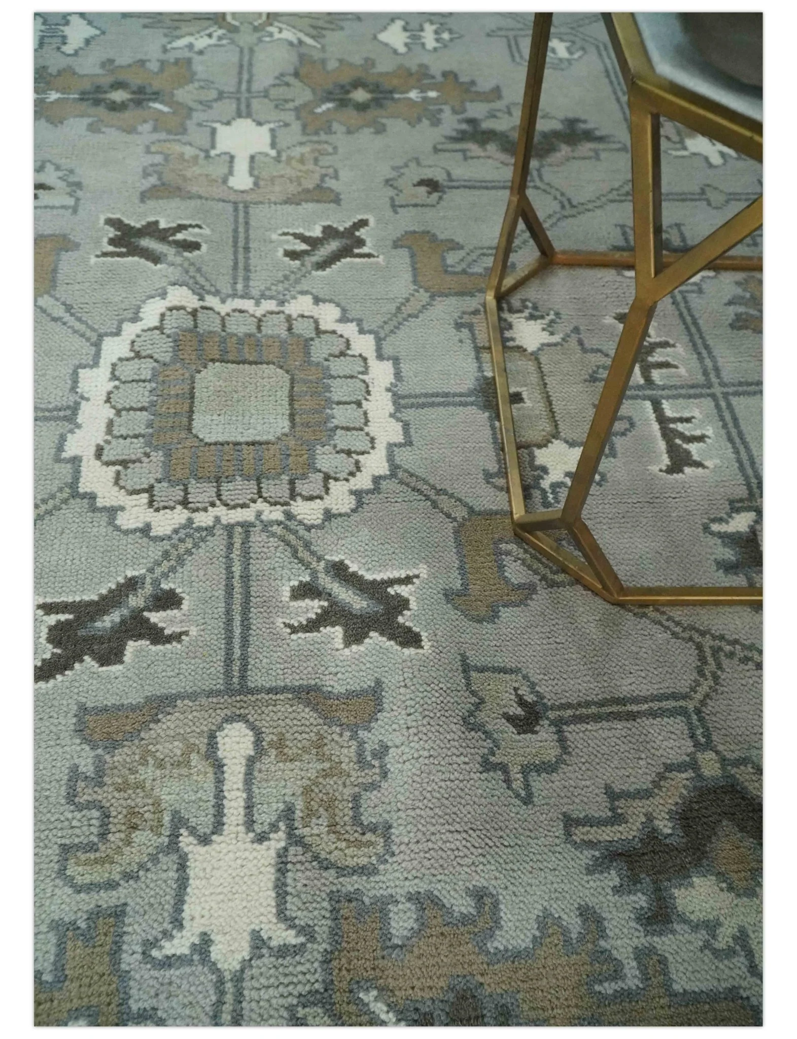 Gray, Ivory, Olive and Charcoal Hand Knotted Medallion 8x10 Traditional Oushak wool Area Rug - Image 3