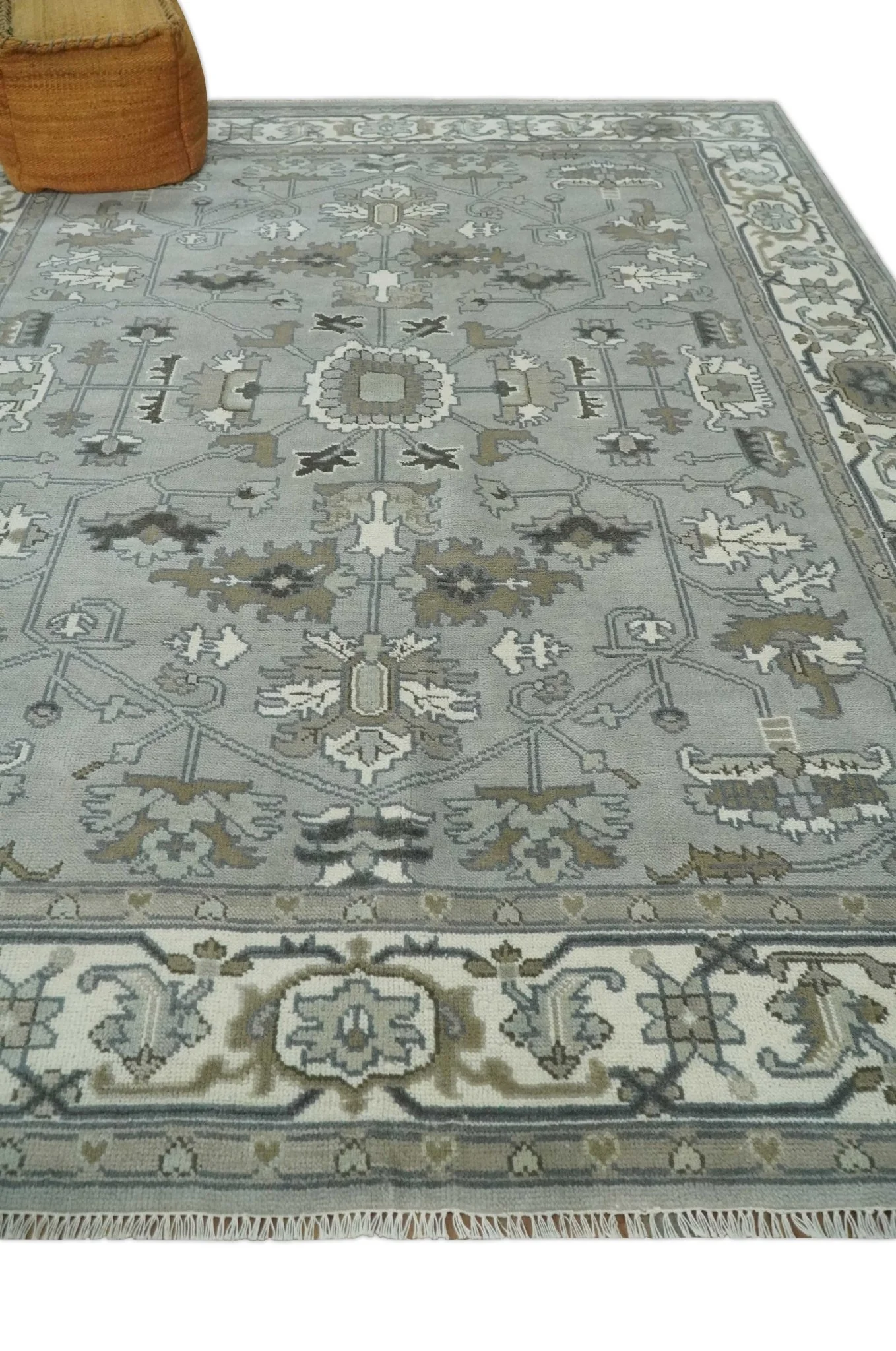 Gray, Ivory, Olive and Charcoal Hand Knotted Medallion 8x10 Traditional Oushak wool Area Rug - Image 4