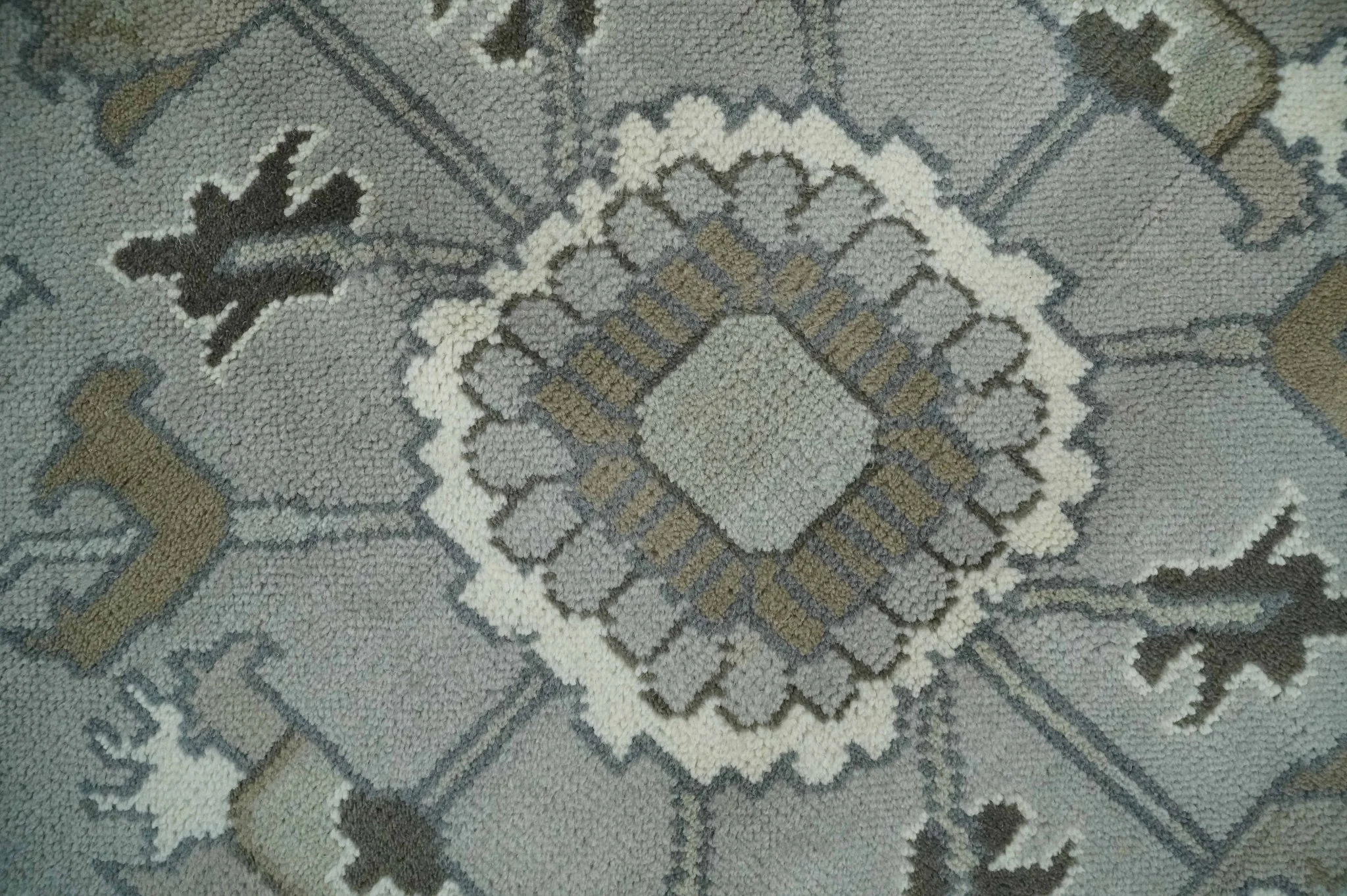 Gray, Ivory, Olive and Charcoal Hand Knotted Medallion 8x10 Traditional Oushak wool Area Rug - Image 5