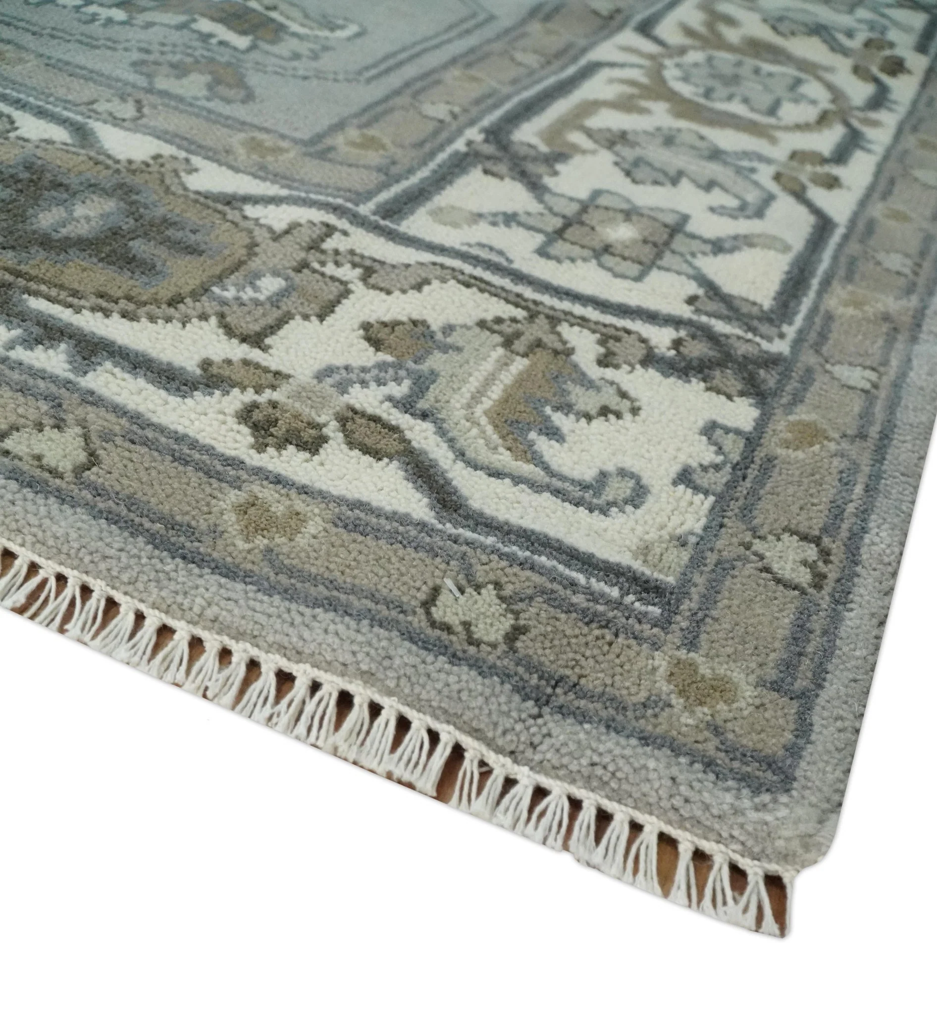 Gray, Ivory, Olive and Charcoal Hand Knotted Medallion 8x10 Traditional Oushak wool Area Rug - Image 6
