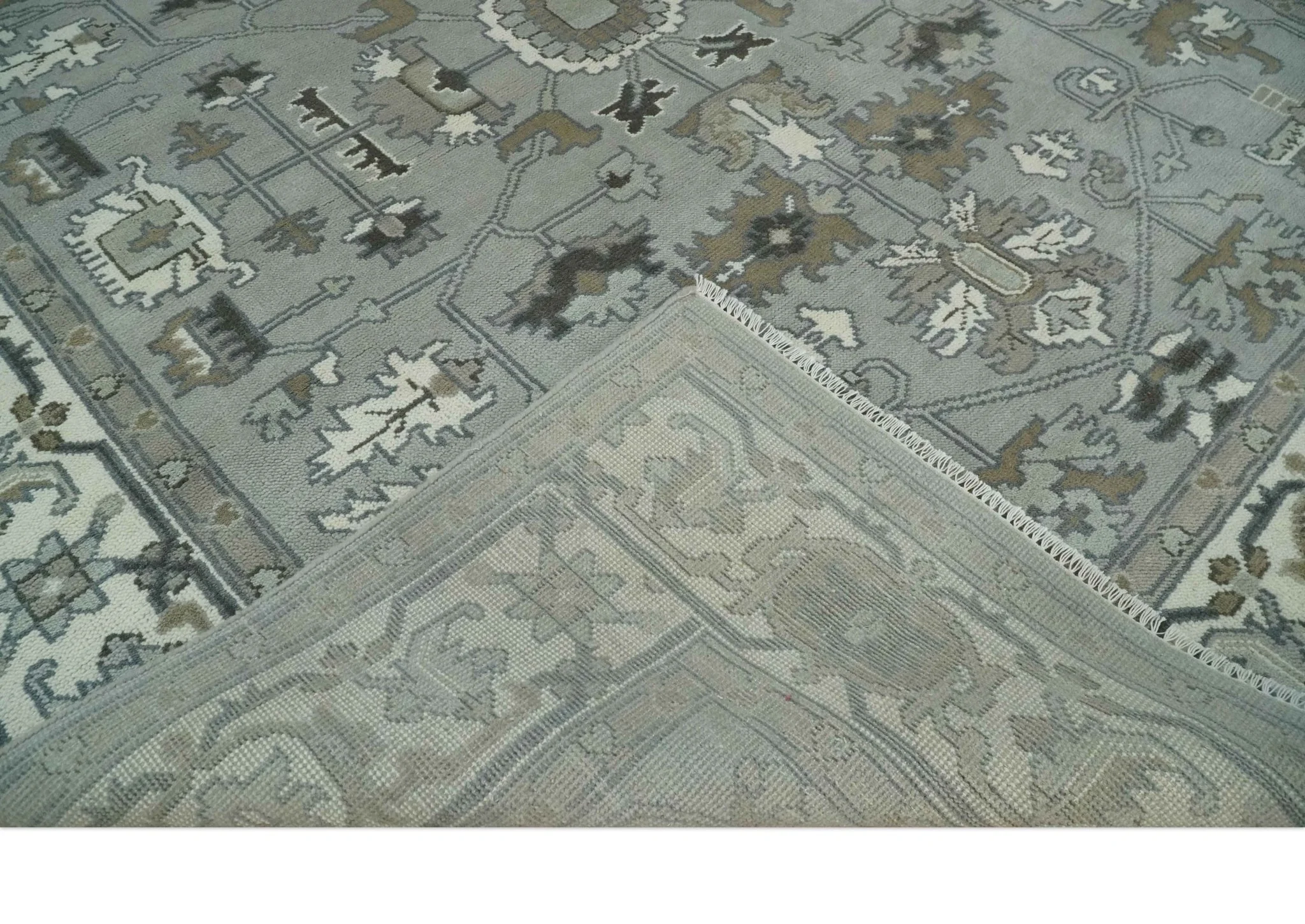 Gray, Ivory, Olive and Charcoal Hand Knotted Medallion 8x10 Traditional Oushak wool Area Rug - Image 8