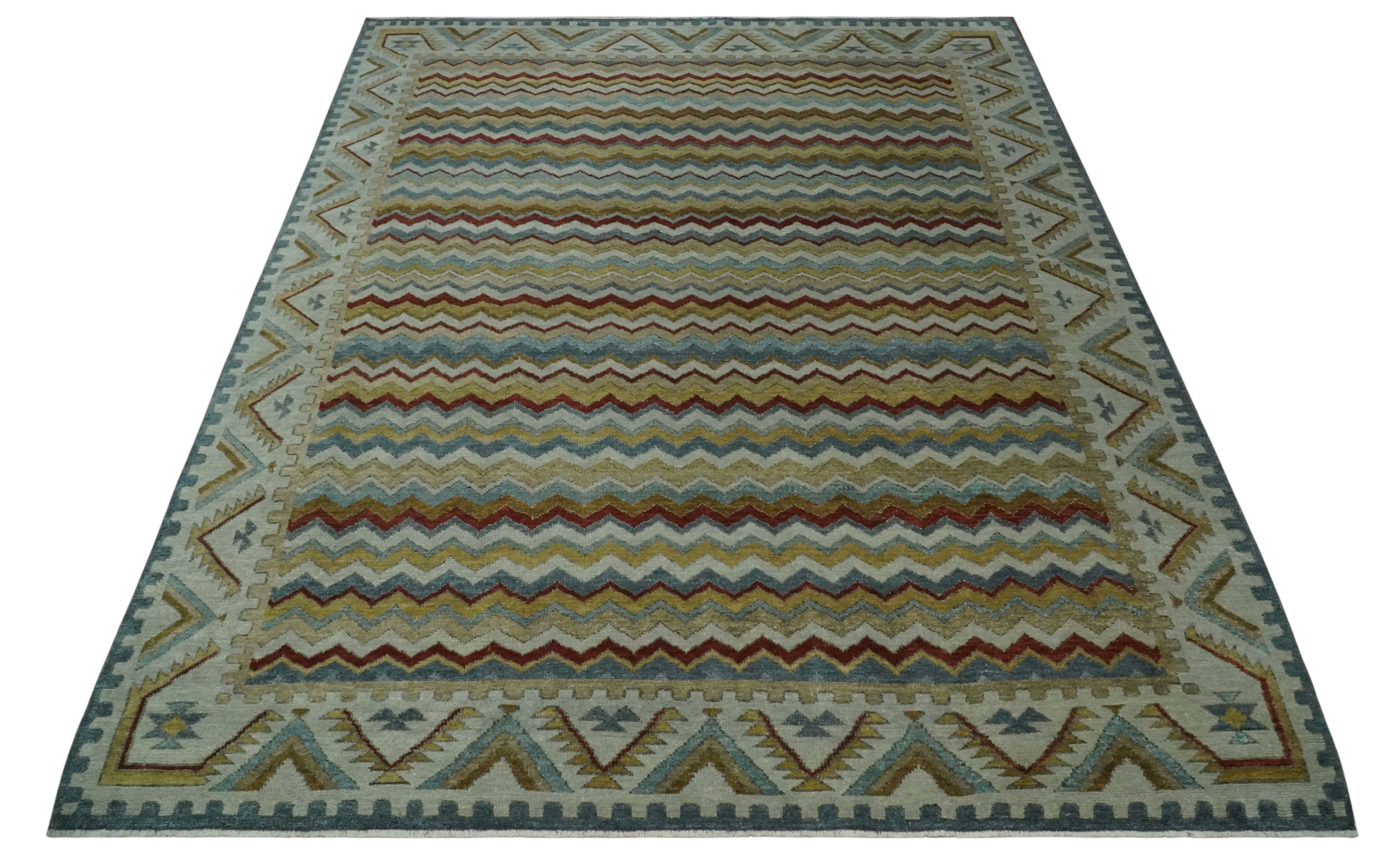 9x12 Gray, Maroon, Ivory and Mustard Stripes Pattern Hand knotted wool Area Rug - Image 10