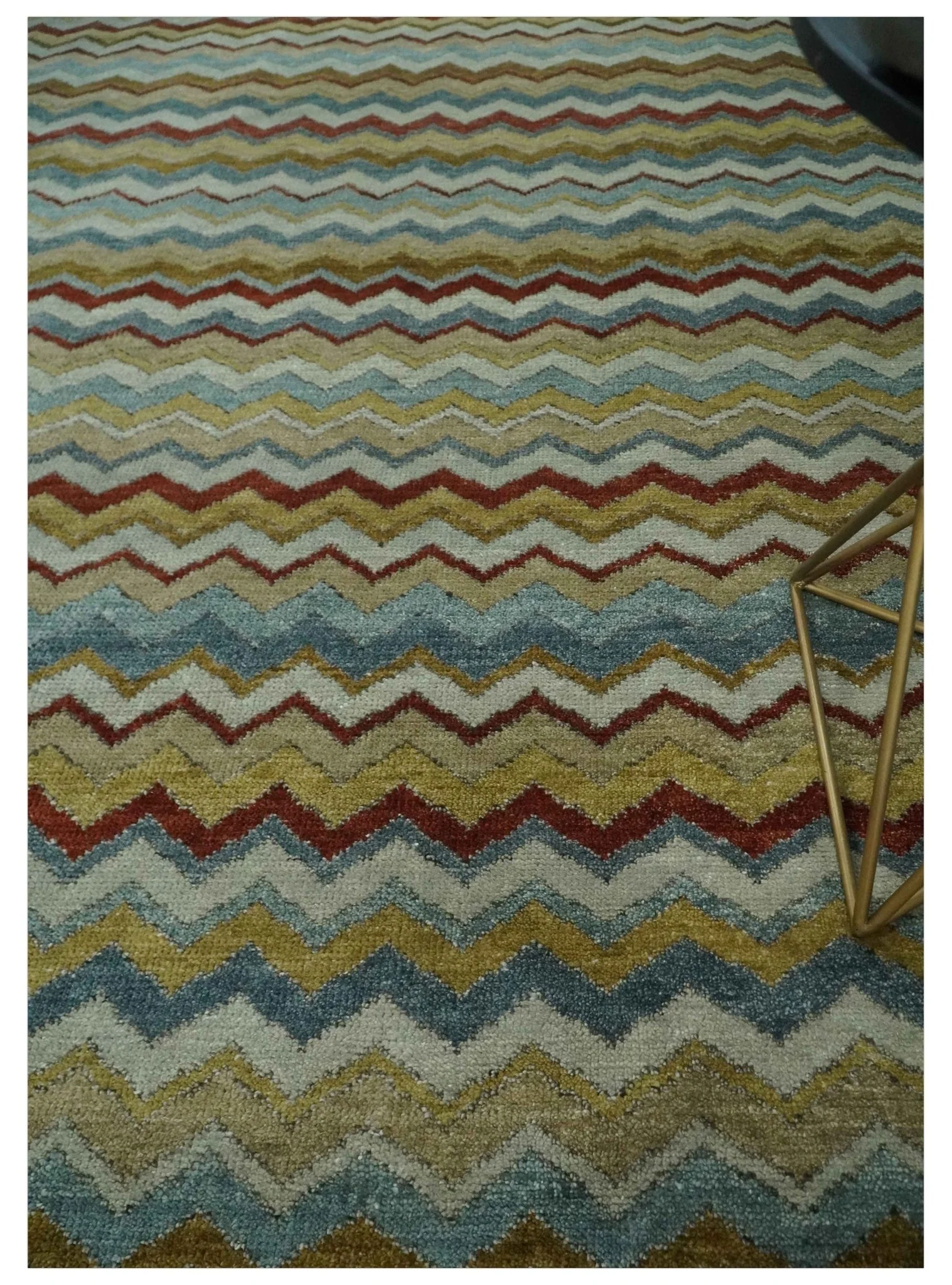 9x12 Gray, Maroon, Ivory and Mustard Stripes Pattern Hand knotted wool Area Rug - Image 2