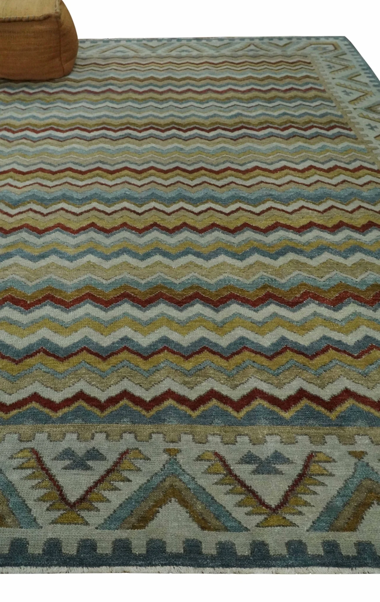 9x12 Gray, Maroon, Ivory and Mustard Stripes Pattern Hand knotted wool Area Rug - Image 3