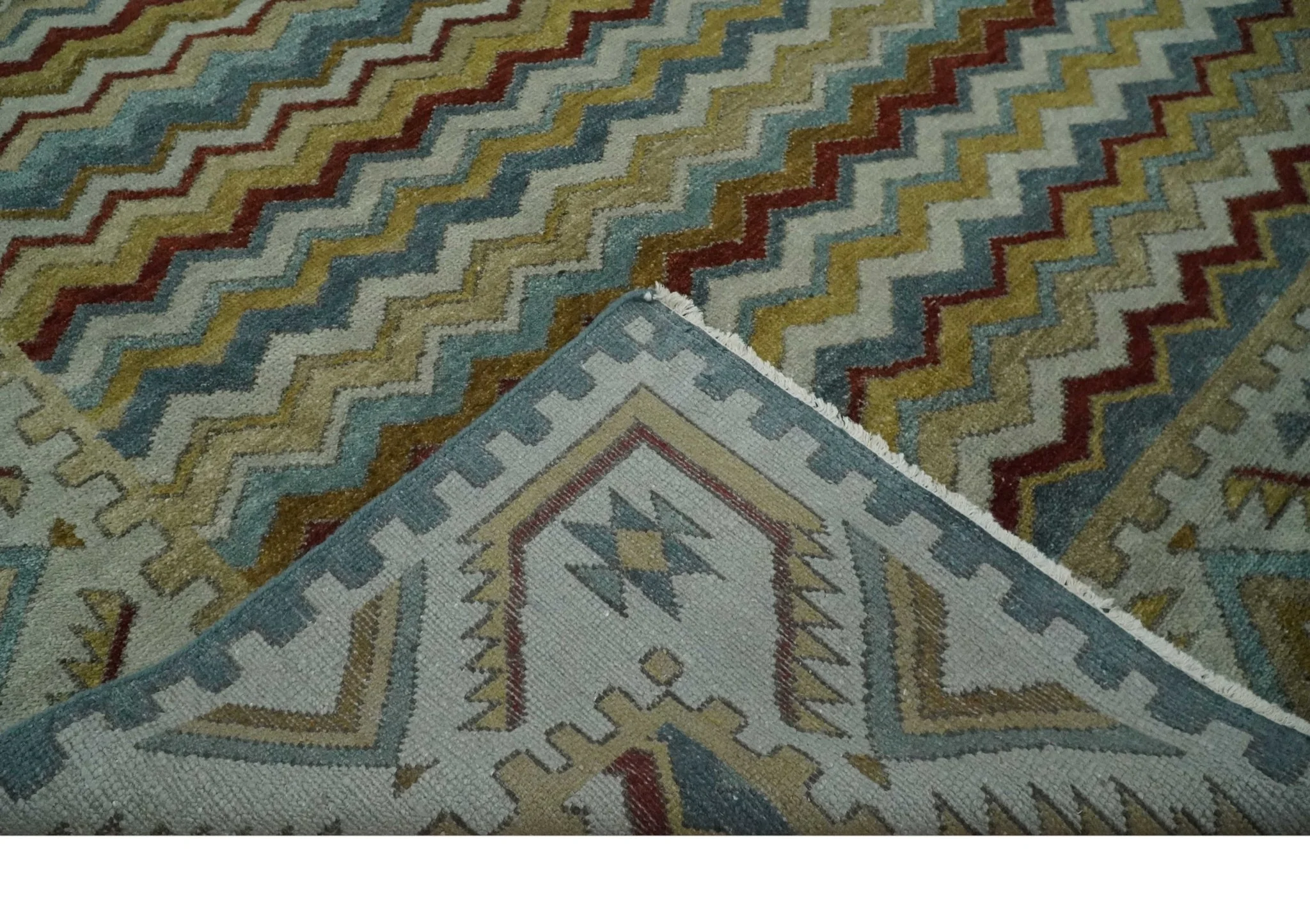 9x12 Gray, Maroon, Ivory and Mustard Stripes Pattern Hand knotted wool Area Rug - Image 8