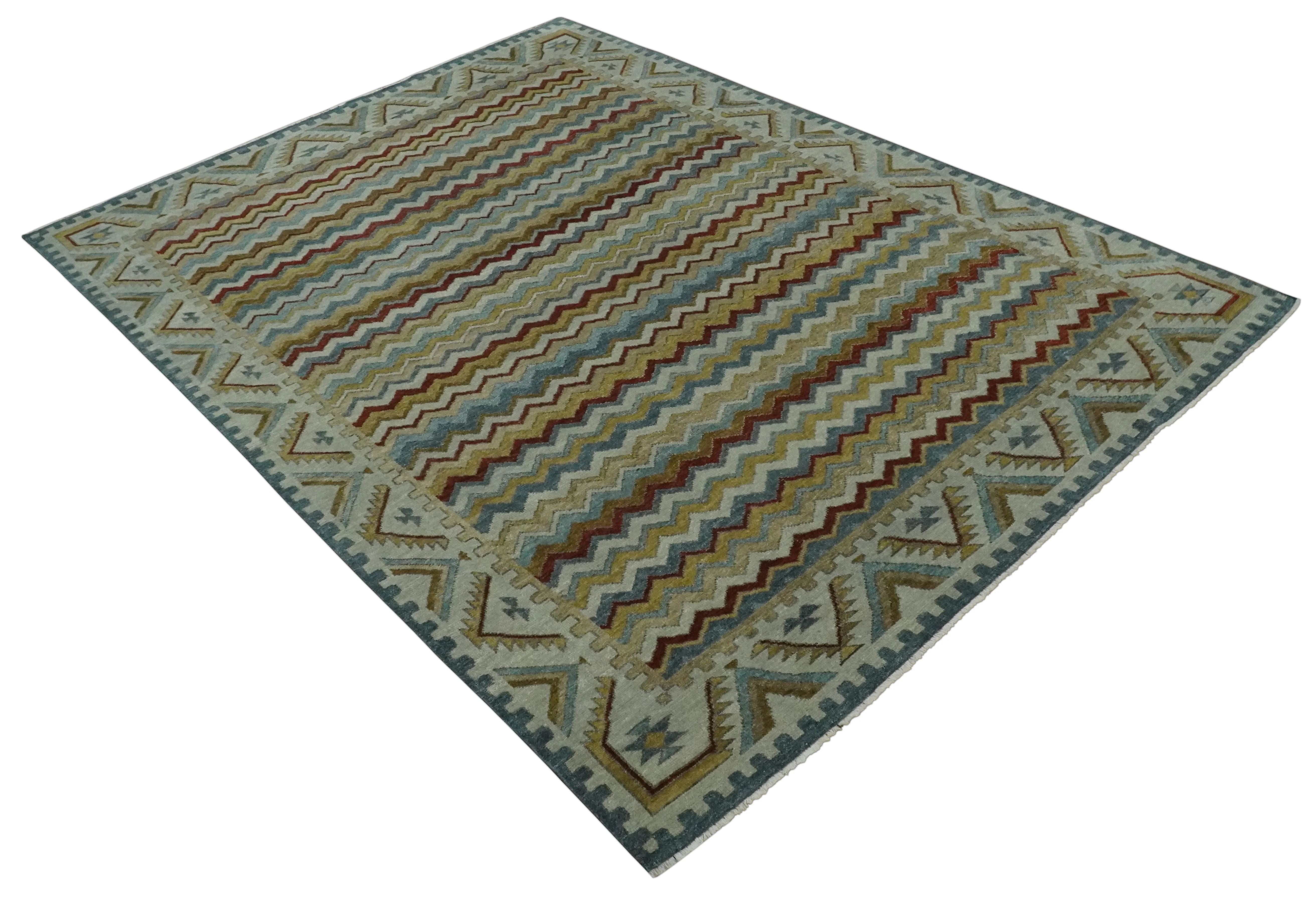 9x12 Gray, Maroon, Ivory and Mustard Stripes Pattern Hand knotted wool Area Rug - Image 9