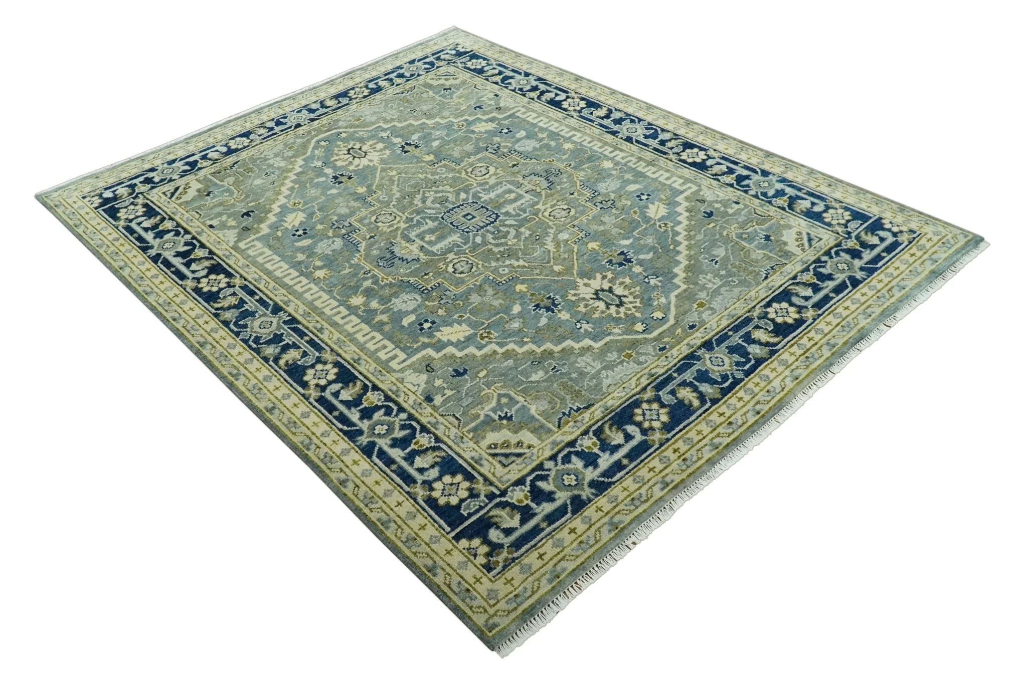 Antique design Gray, Olive and Blue Traditional Hand Knotted Custom Made wool Rug - Image 10