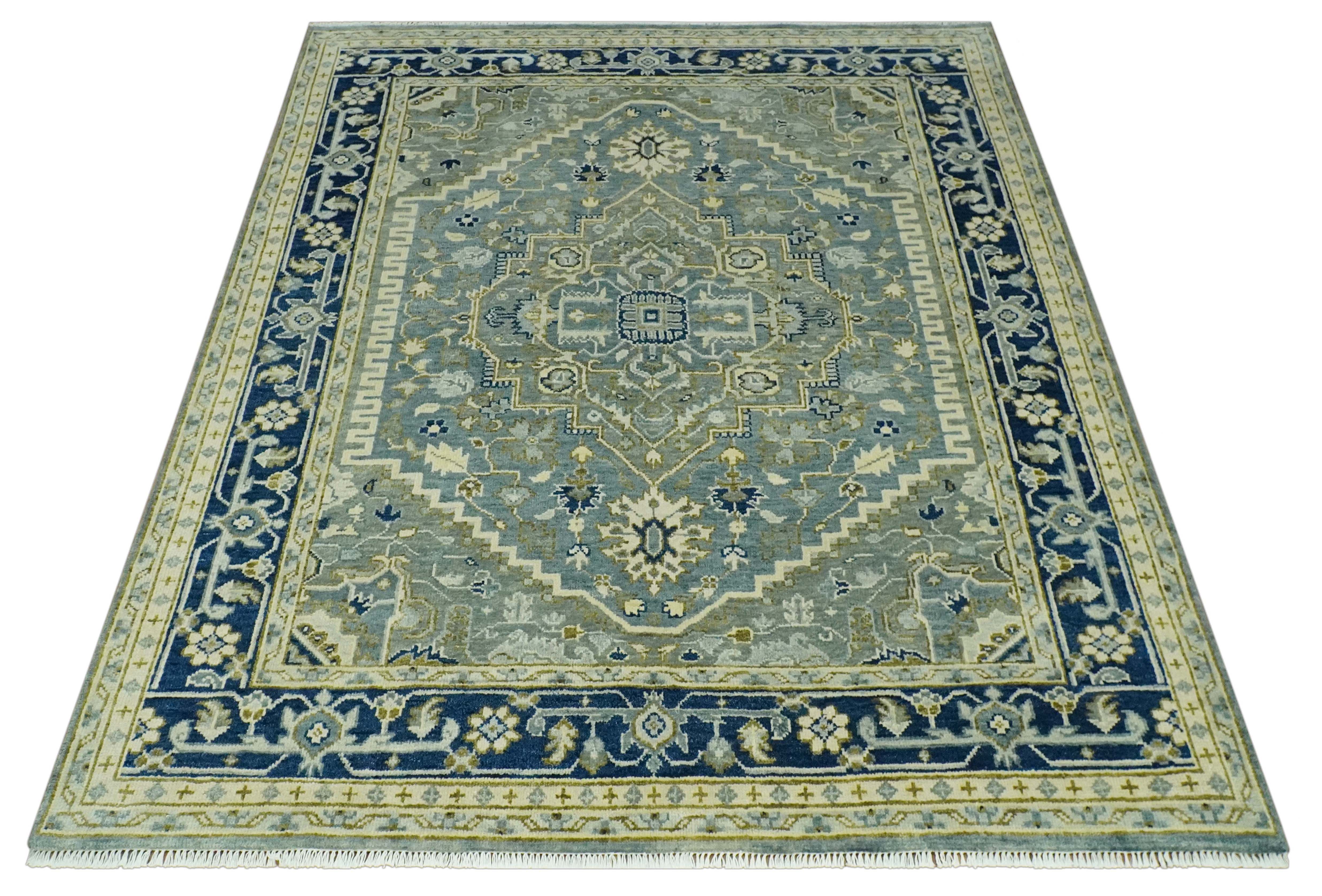 Antique design Gray, Olive and Blue Traditional Hand Knotted Custom Made wool Rug - Image 11