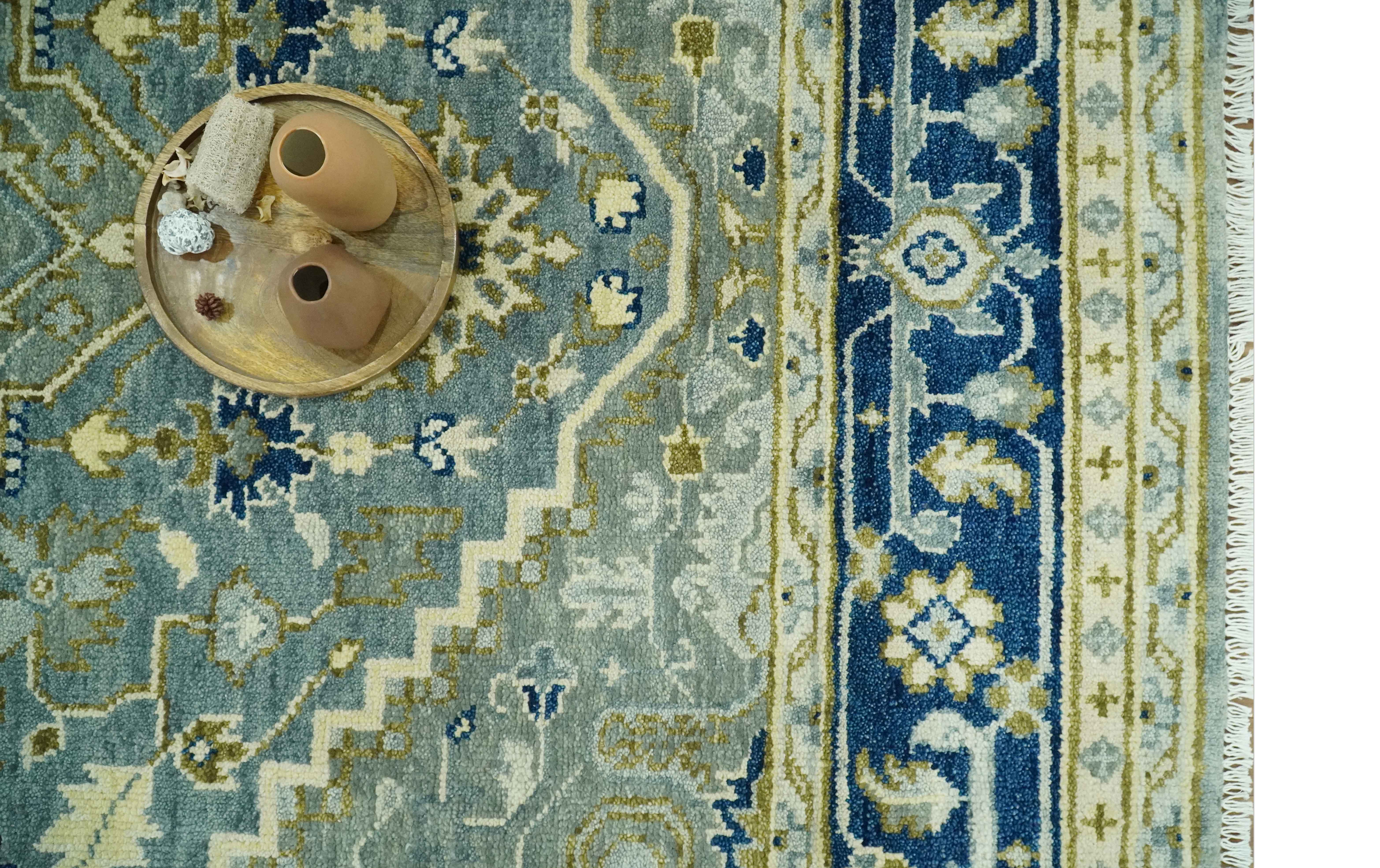 Antique design Gray, Olive and Blue Traditional Hand Knotted Custom Made wool Rug - Image 12