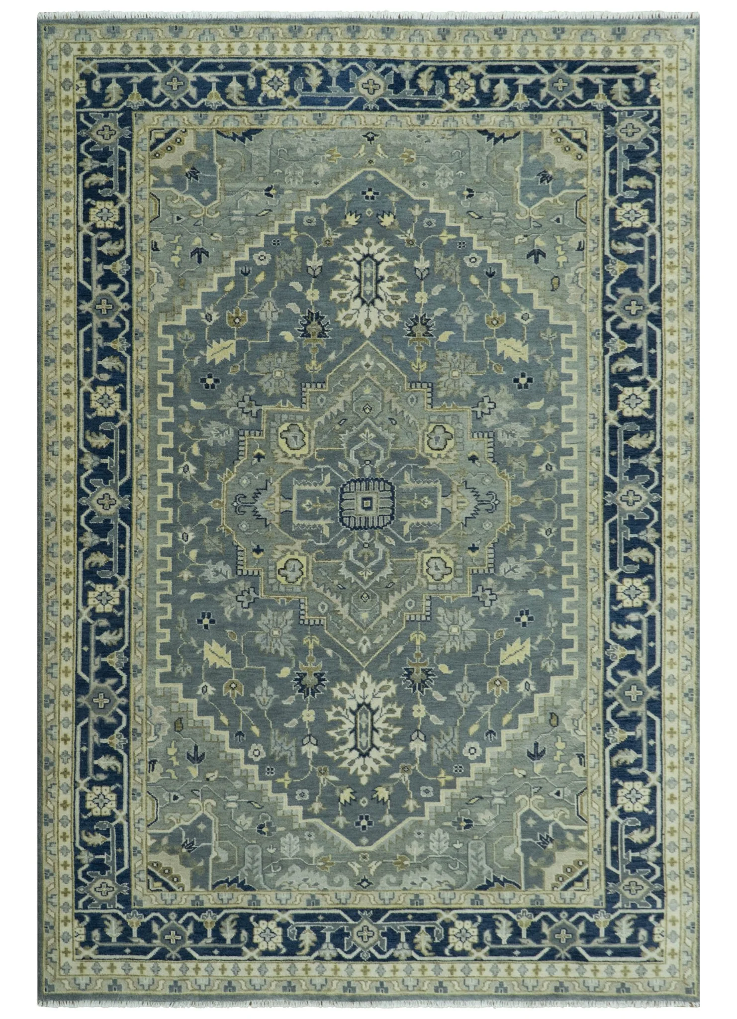 Antique design Gray, Olive and Blue Traditional Hand Knotted Custom Made wool Rug - Image 14