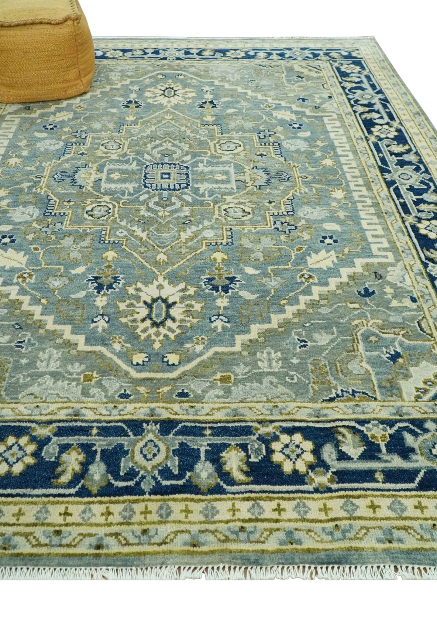 Antique design Gray, Olive and Blue Traditional Hand Knotted Custom Made wool Rug - Image 3