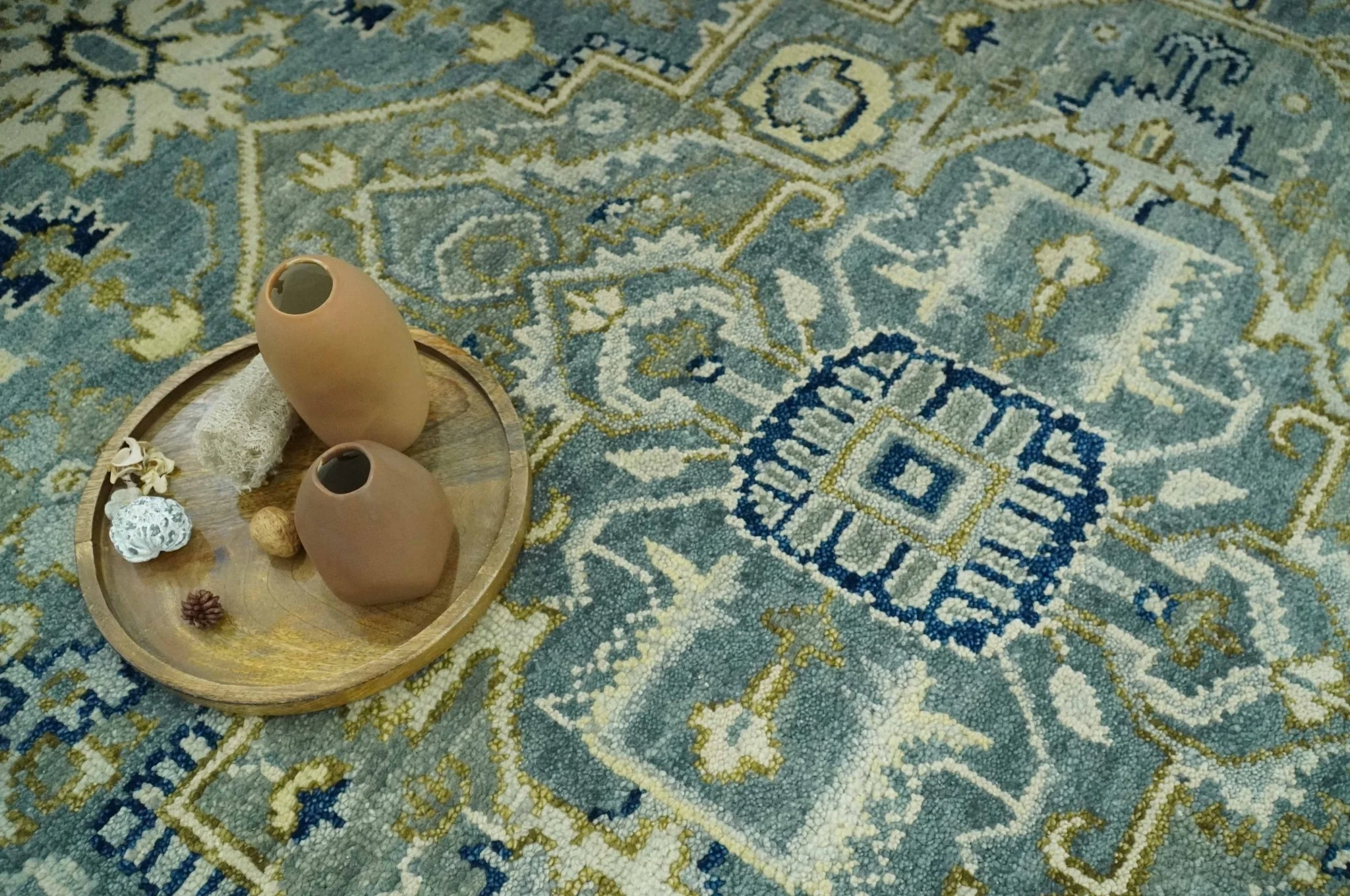 Antique design Gray, Olive and Blue Traditional Hand Knotted Custom Made wool Rug - Image 7