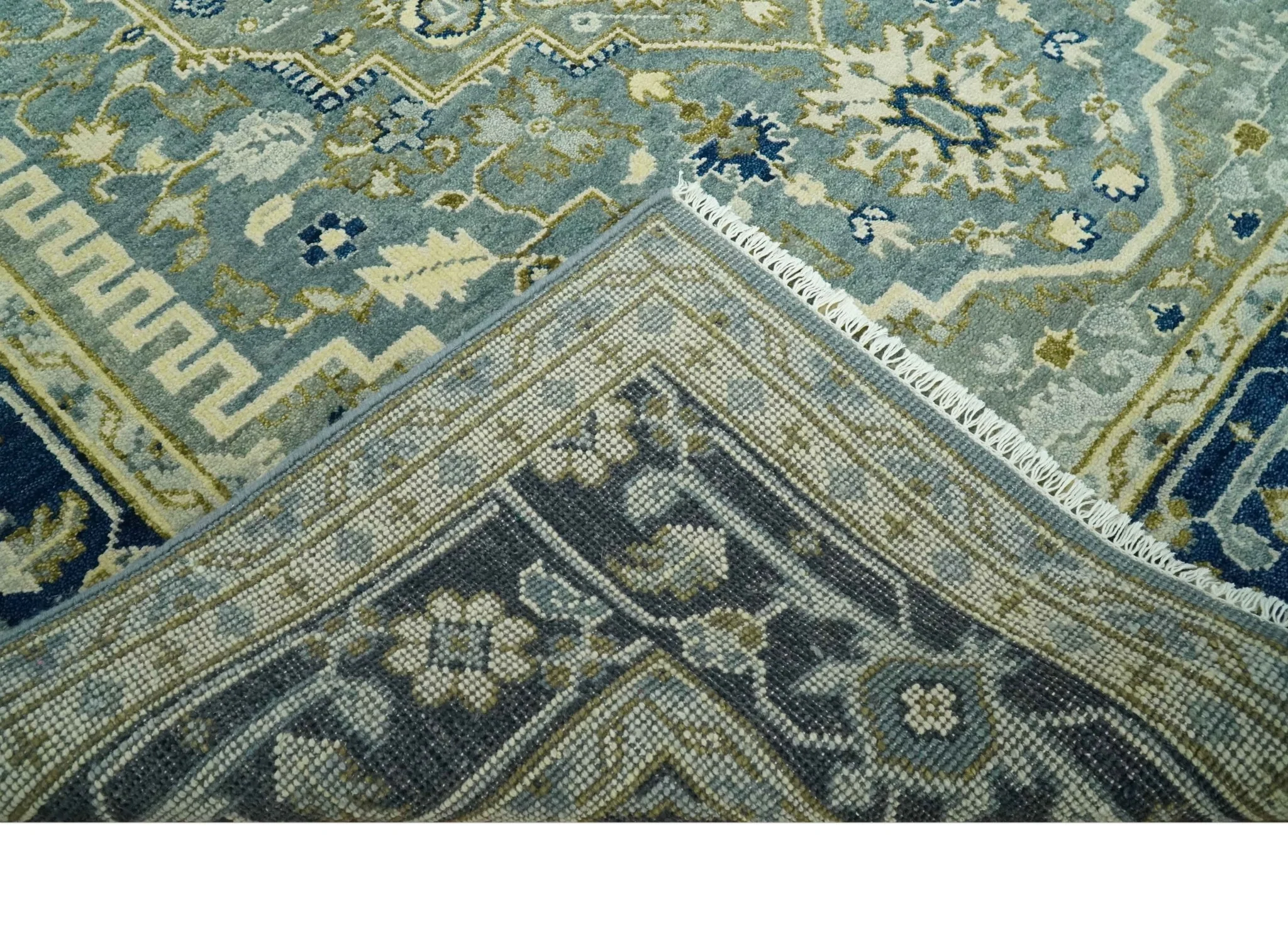 Antique look Gray, Olive and Blue 8x10 Traditional Heriz Hand Knotted wool Rug - Image 8