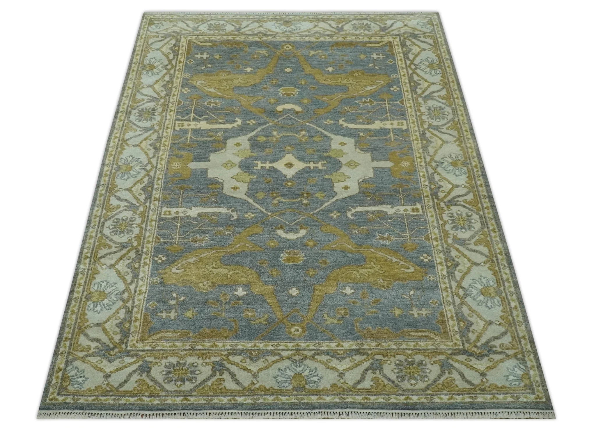 6x9 Hand Knotted Gray, Olive and Ivory Traditional Oriental Oushak wool area rug - Image 10