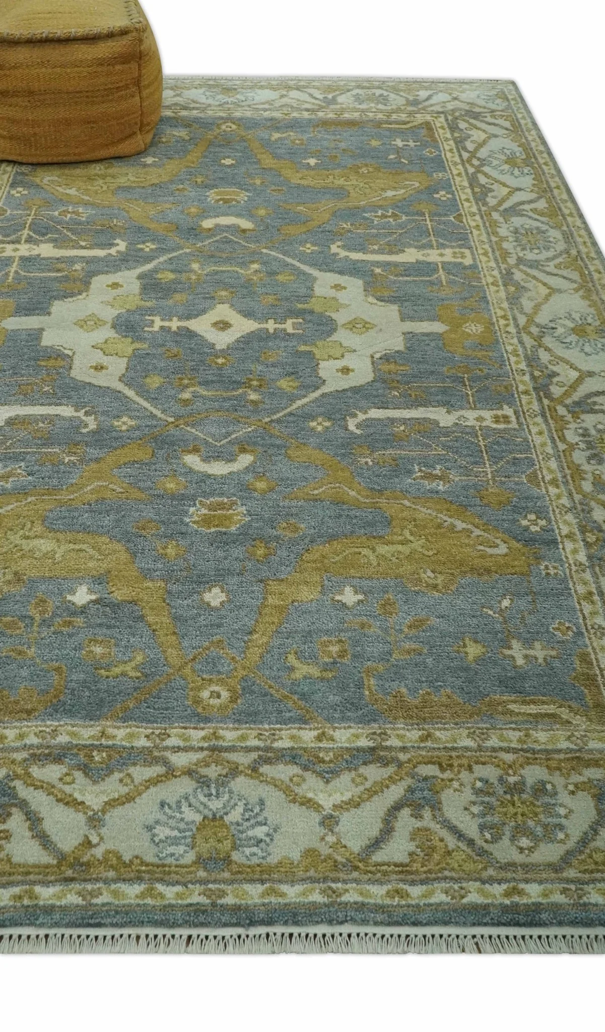 6x9 Hand Knotted Gray, Olive and Ivory Traditional Oriental Oushak wool area rug - Image 3