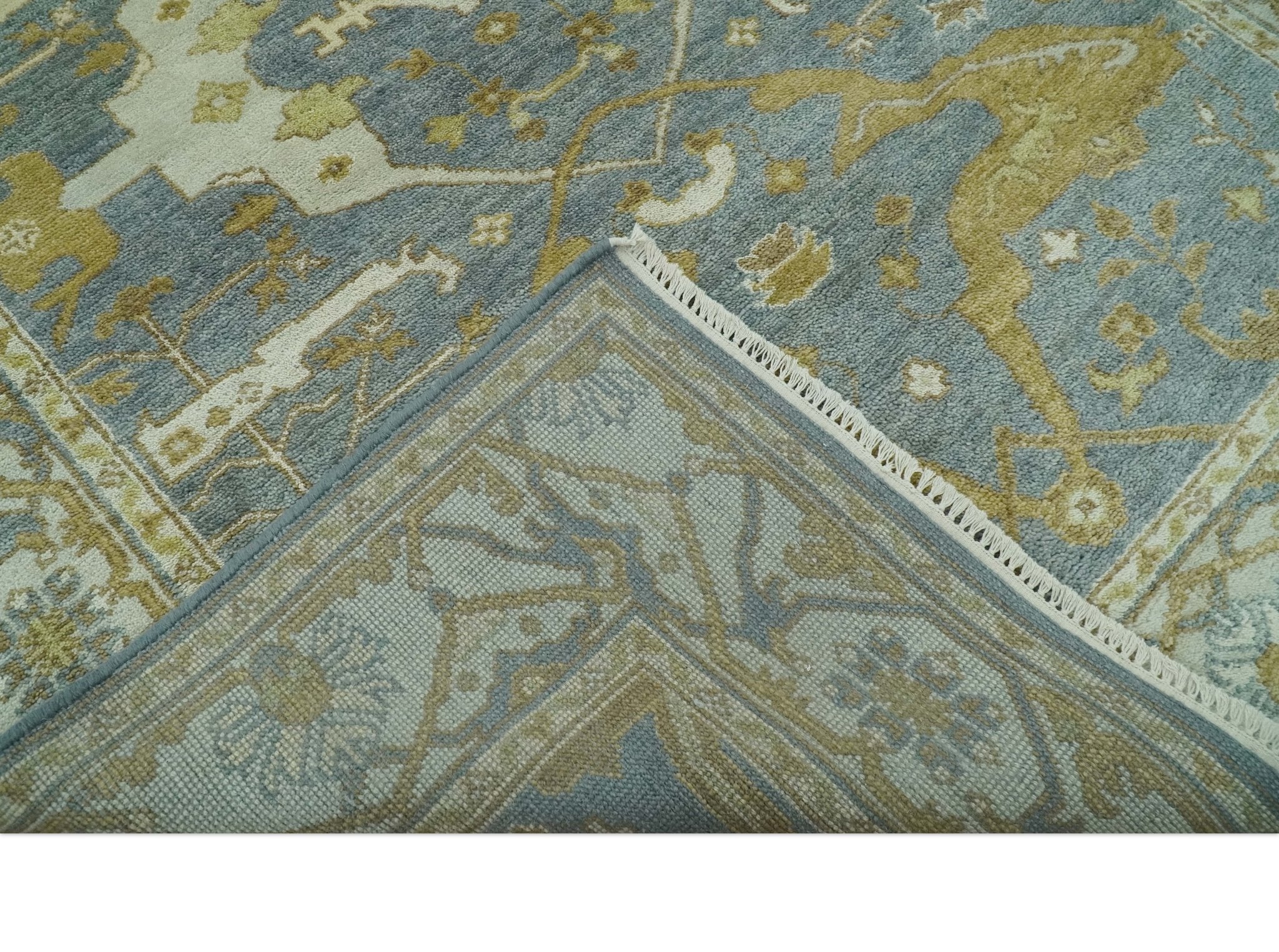 6x9 Hand Knotted Gray, Olive and Ivory Traditional Oriental Oushak wool area rug - Image 7