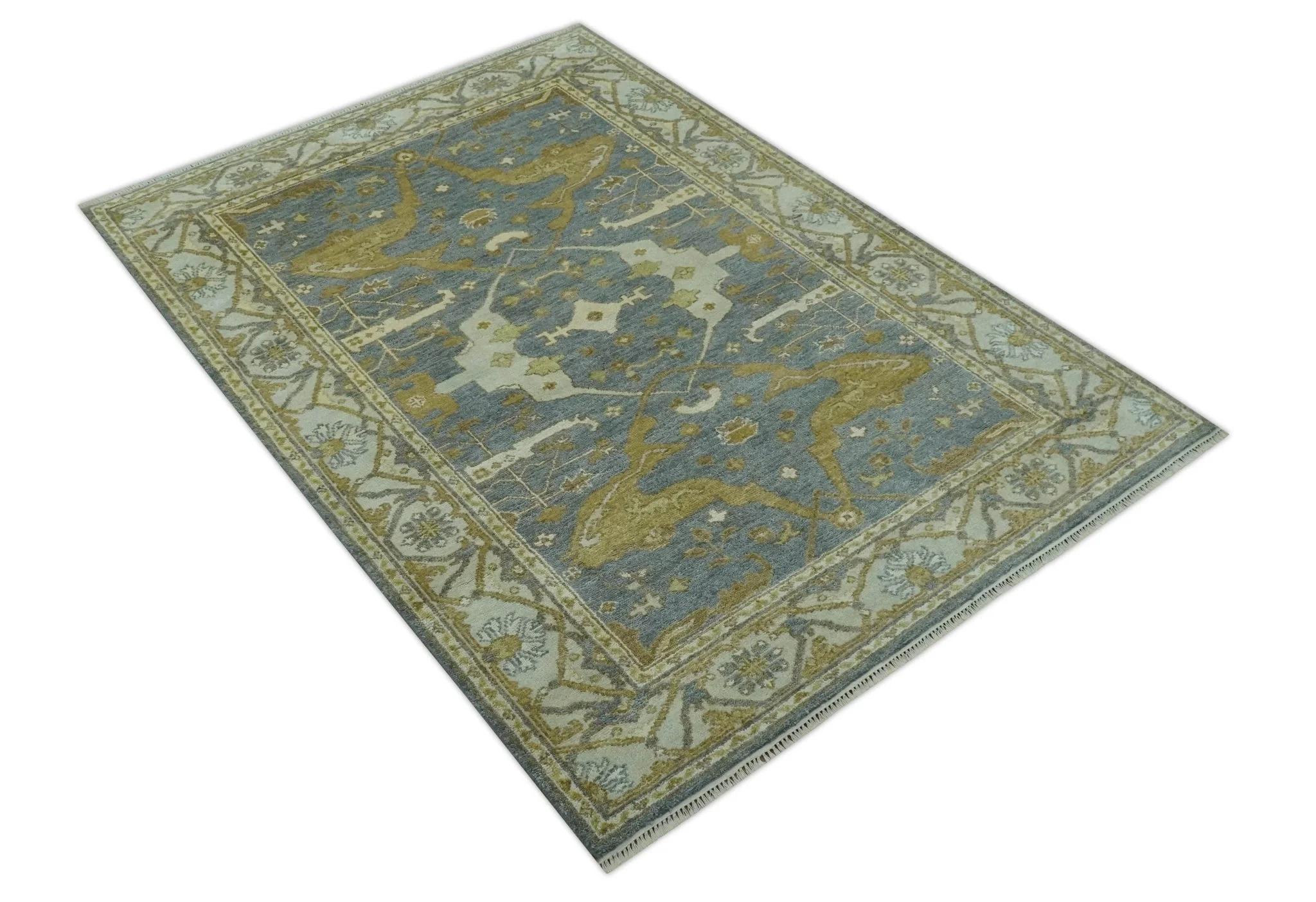 6x9 Hand Knotted Gray, Olive and Ivory Traditional Oriental Oushak wool area rug - Image 9