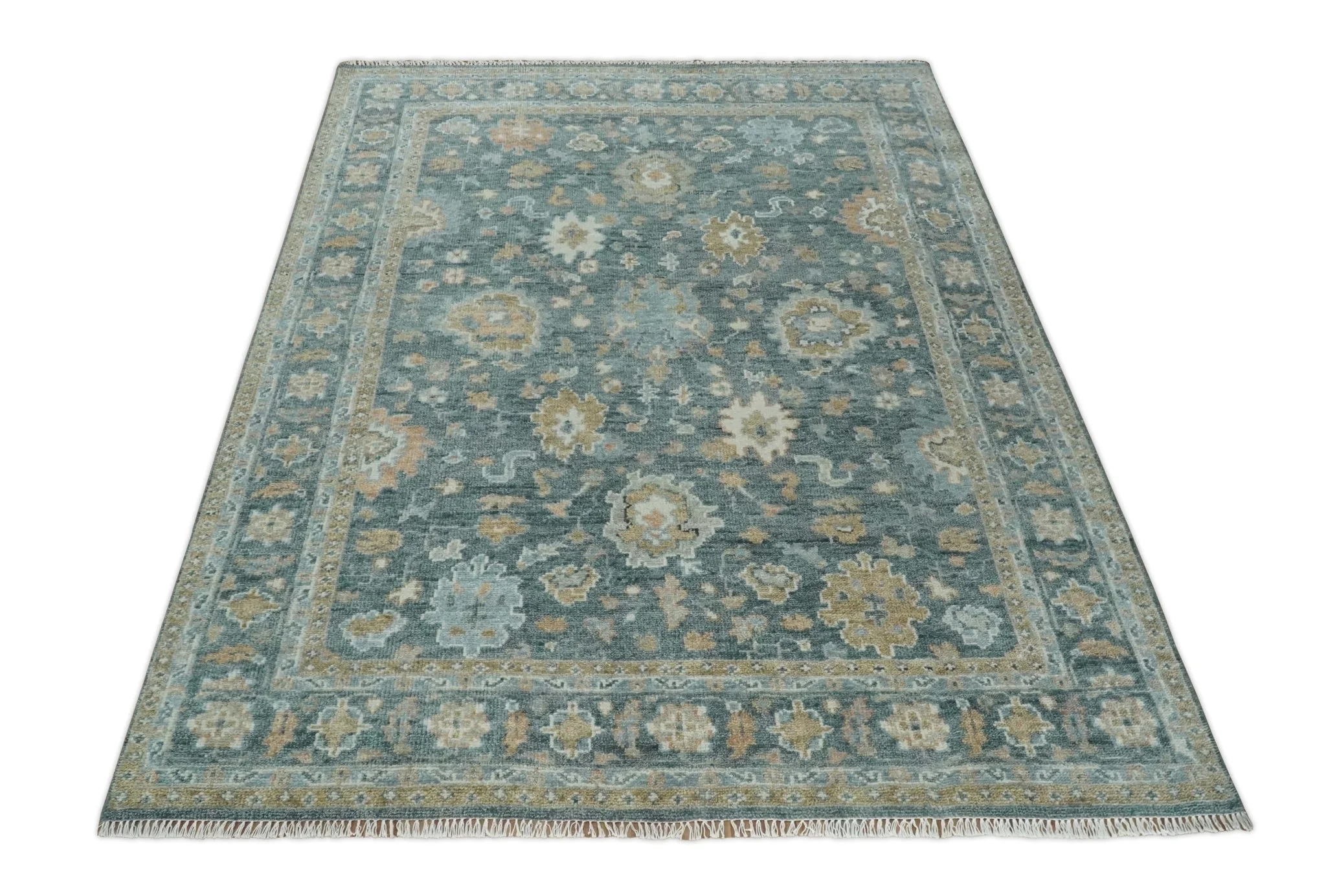 Made to Order Teal, Olive and Silver Antique Style Hand knotted Oushak wool Area Rug - Image 10