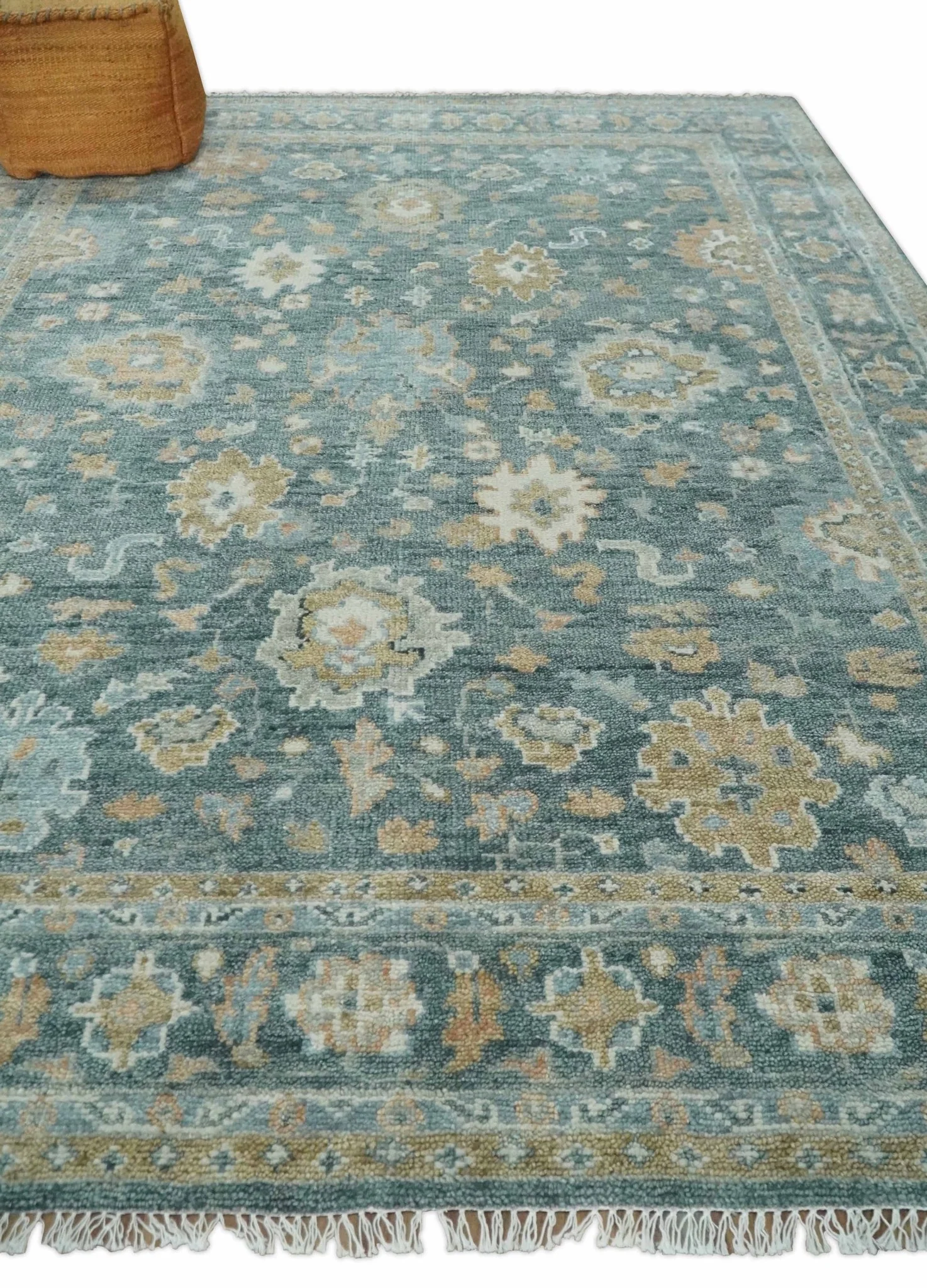 Made to Order Teal, Olive and Silver Antique Style Hand knotted Oushak wool Area Rug - Image 3