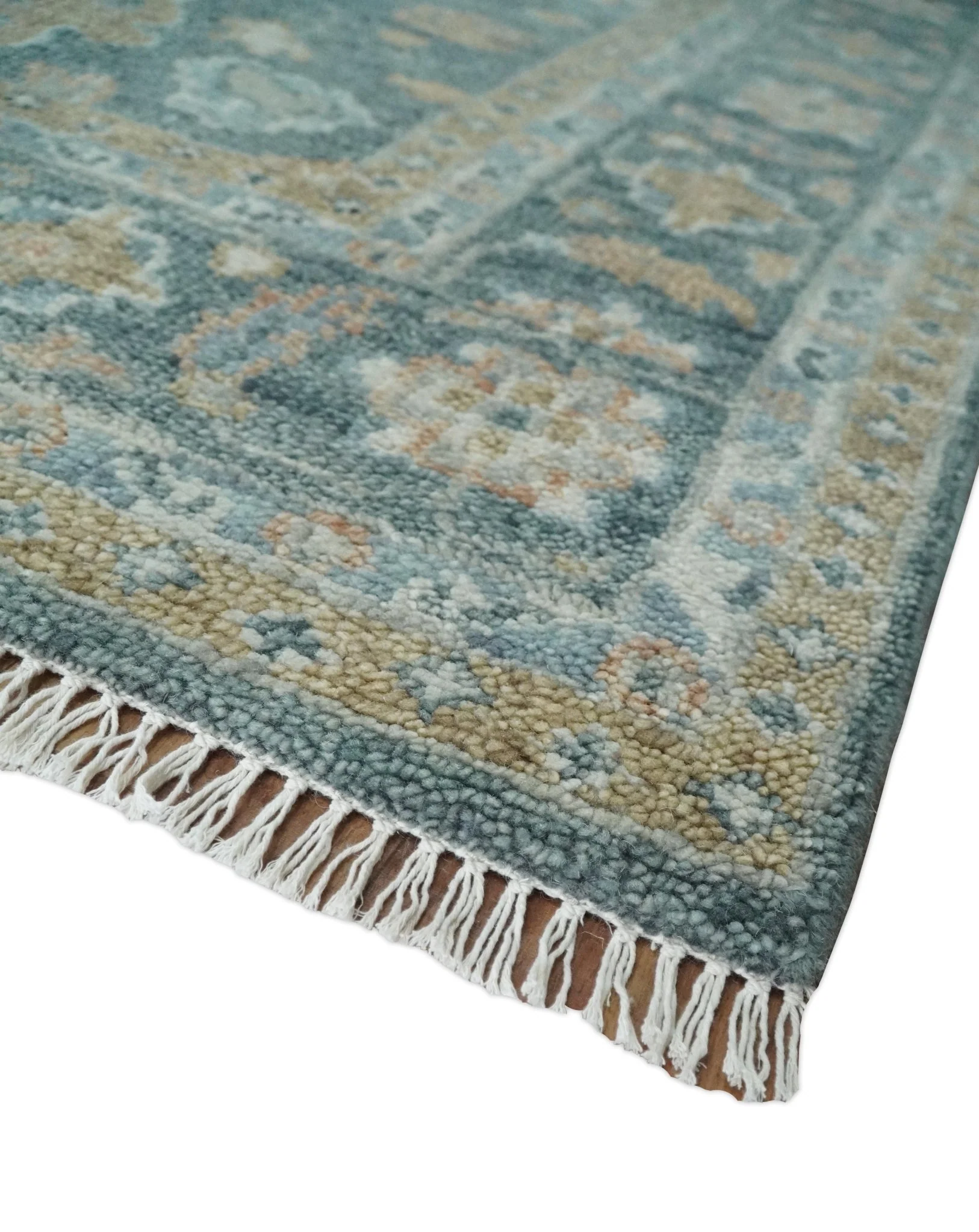 Made to Order Teal, Olive and Silver Antique Style Hand knotted Oushak wool Area Rug - Image 5