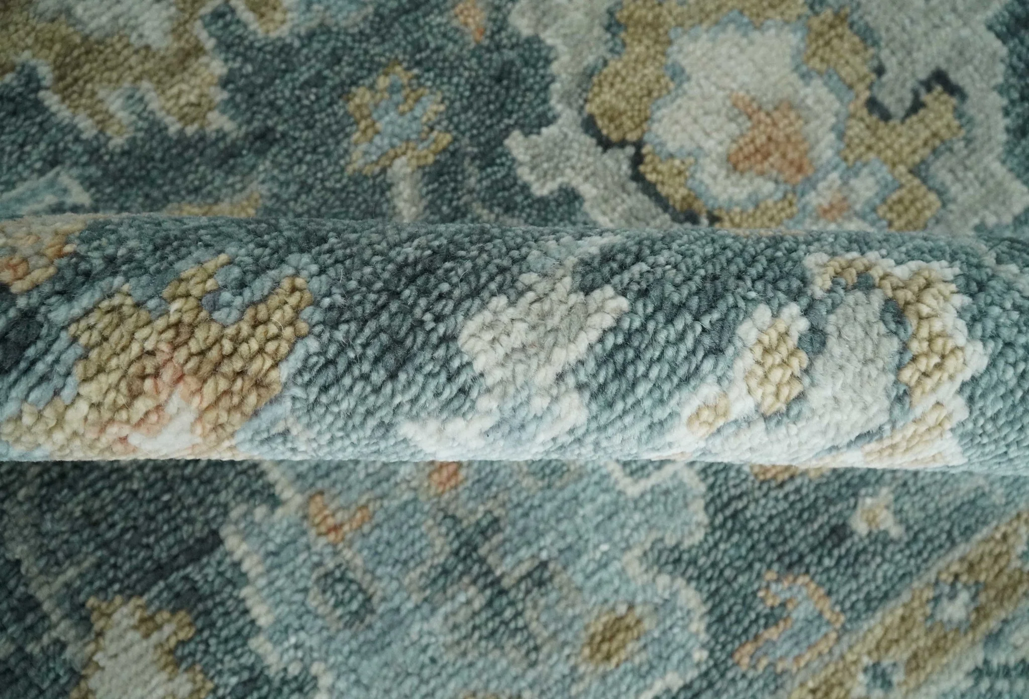 Made to Order Teal, Olive and Silver Antique Style Hand knotted Oushak wool Area Rug - Image 6