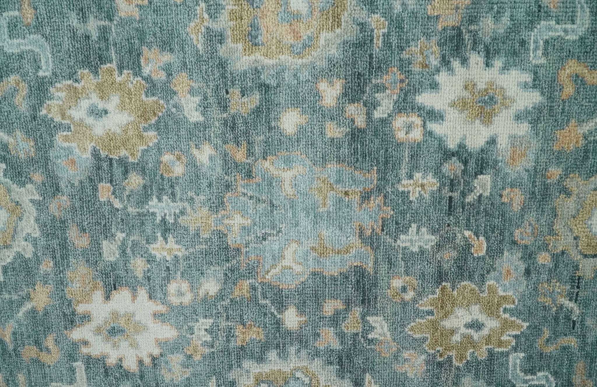 Teal, Olive and Silver Antique Style Hand knotted 8x10 Oushak wool Area Rug - Image 4