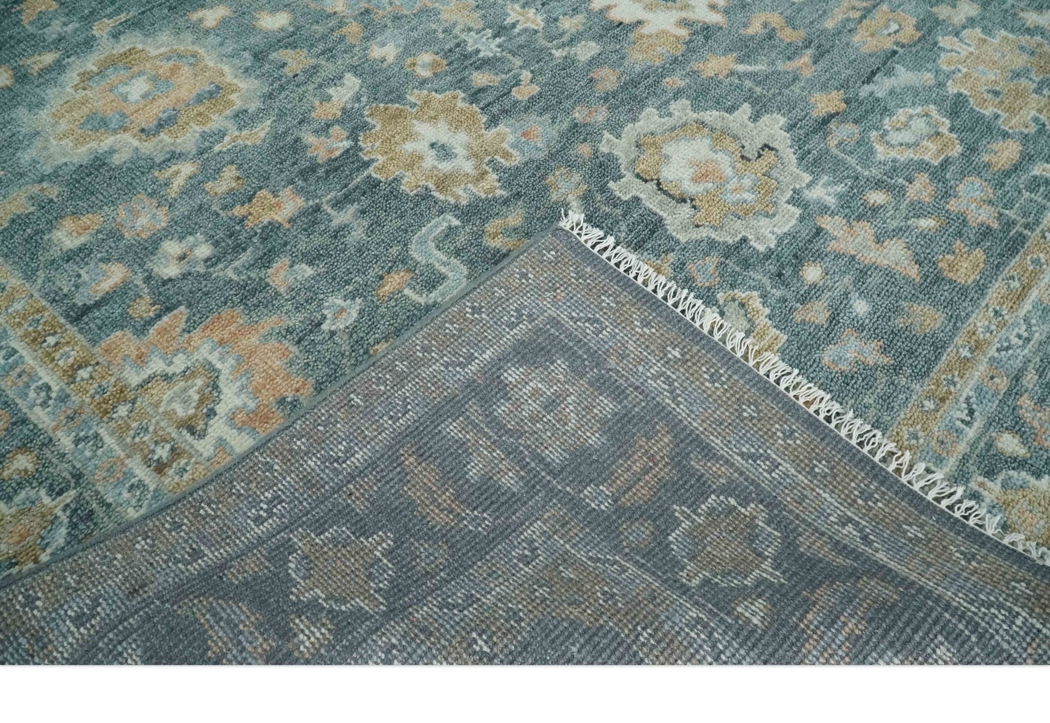 Teal, Olive and Silver Antique Style Hand knotted 8x10 Oushak wool Area Rug - Image 6
