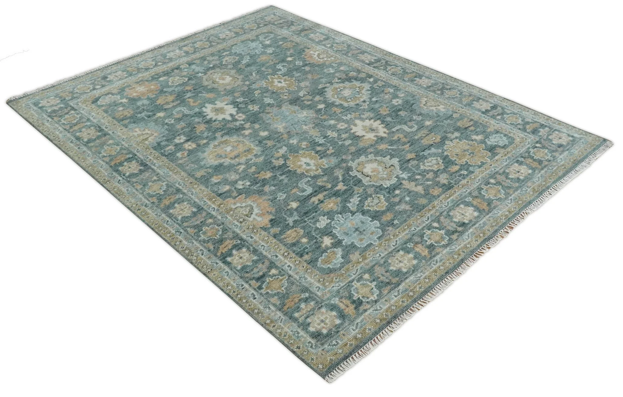 Teal, Olive and Silver Antique Style Hand knotted 8x10 Oushak wool Area Rug - Image 9