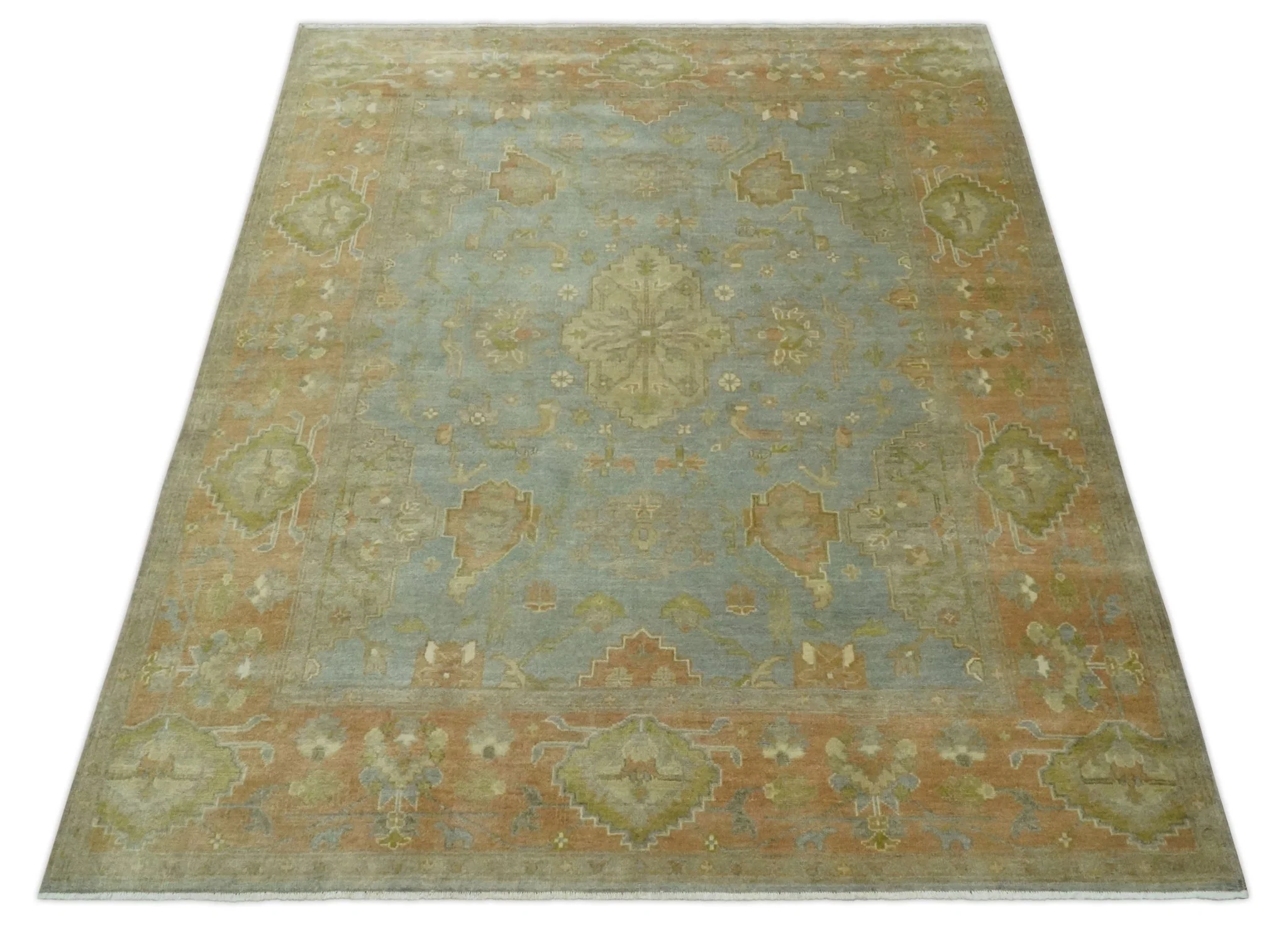 Antique style Gray, Rust and Green Hand Knotted 8x10 Oriental Oushak wool Area Rug - Image 10